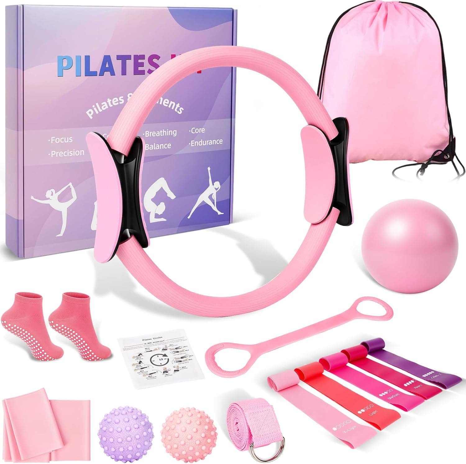 Home Pilates Kit for Women - 14 Pcs Pilates Equipment Set with Pilates Ring and Ball, 5 Resistance Bands Etc Accessories for Beginners Home Workouts - Includes Workout Guide