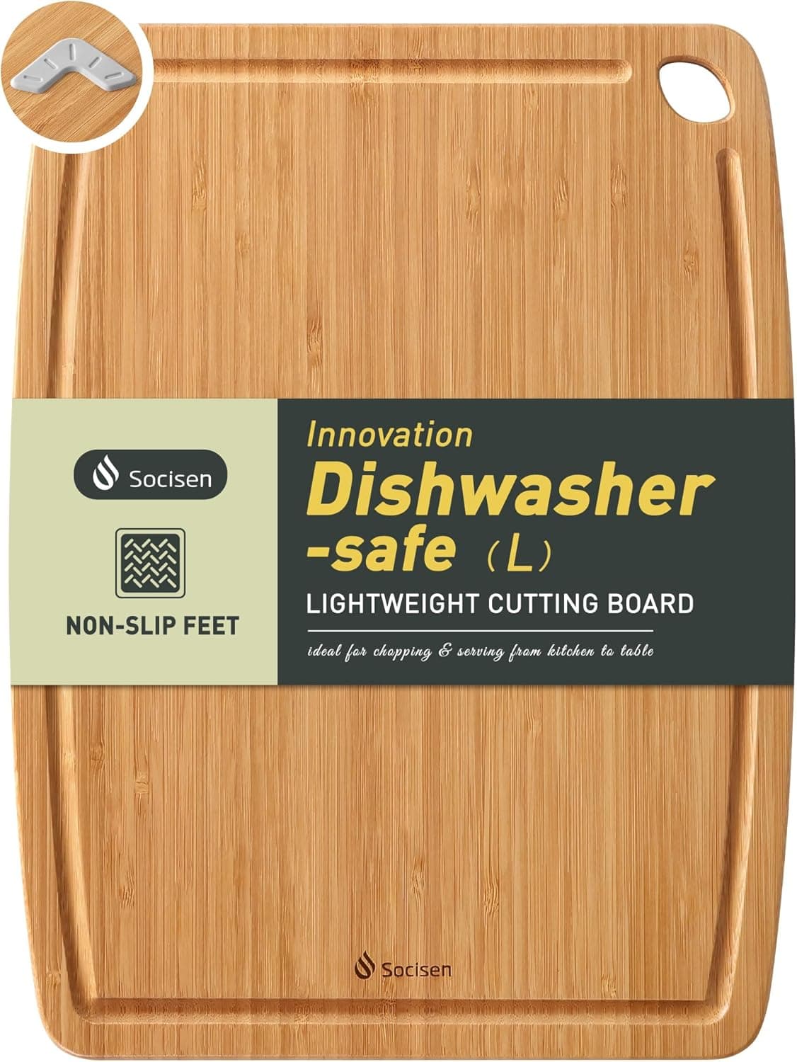 Lightweight Durable Bamboo Cutting Board with Non-Slip Feet, Non Toxic Wooden Cutting Board for Kitchen Heat-Resistant Chopping & Charcuterie Board with Juice Groove Kitchen Essentials for Meat