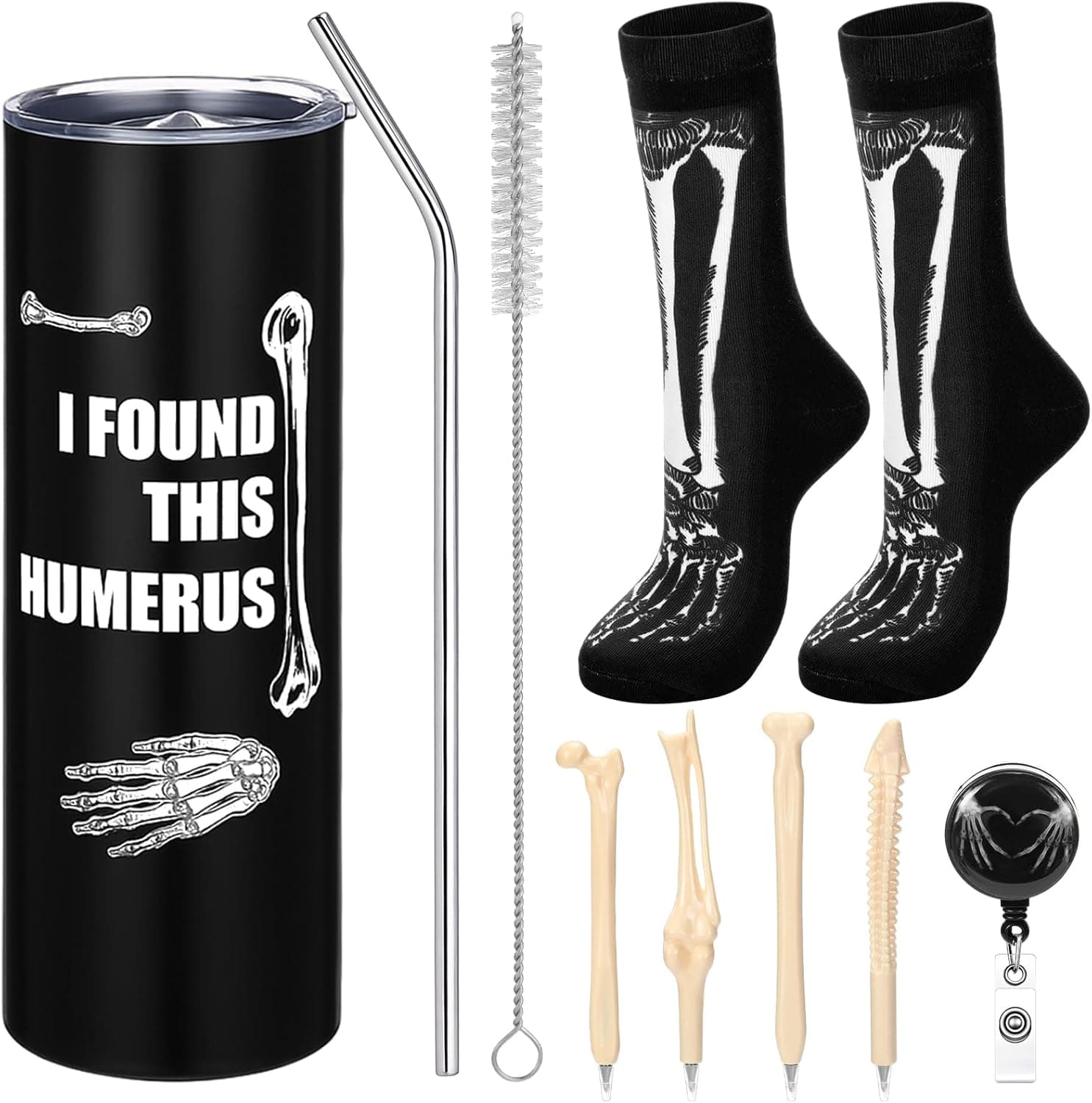 Geiserailie 7 Pcs Christmas Radiology Gifts for Doctors X-Ray Tech Gifts I Found That Humerus 20 oz Tumbler Skeleton Socks X-Ray Badge Reel Bone Shape Ballpoint Pens Appreciation Nurse Medical Student