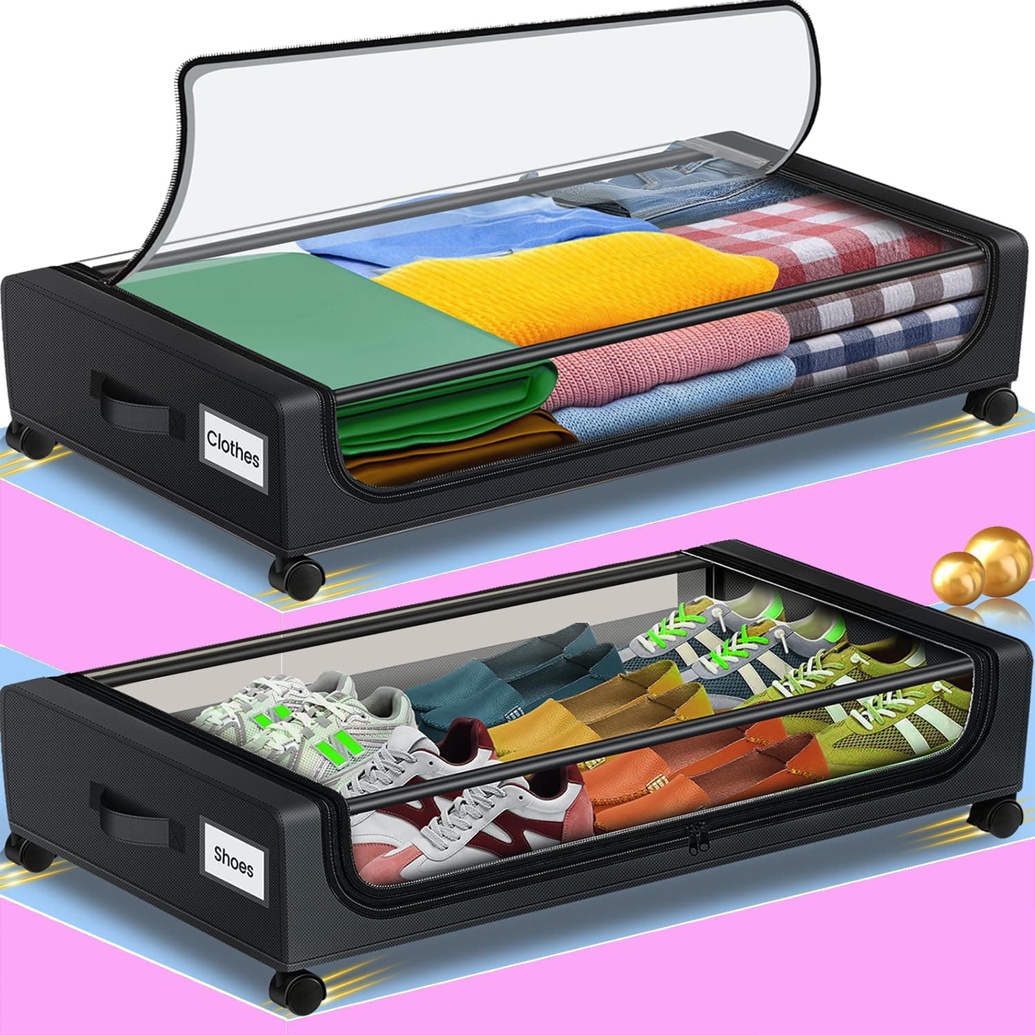 Jill Deaaa® Under Bed Storage with Wheels, 2Pack Under Bed Storage Containers with Clear Lids, XXL 60L Under Bed Shoe Storage Organizer,Dorm Bedroom Rolling Underbed Storage for Clothes, Toys, Blanket