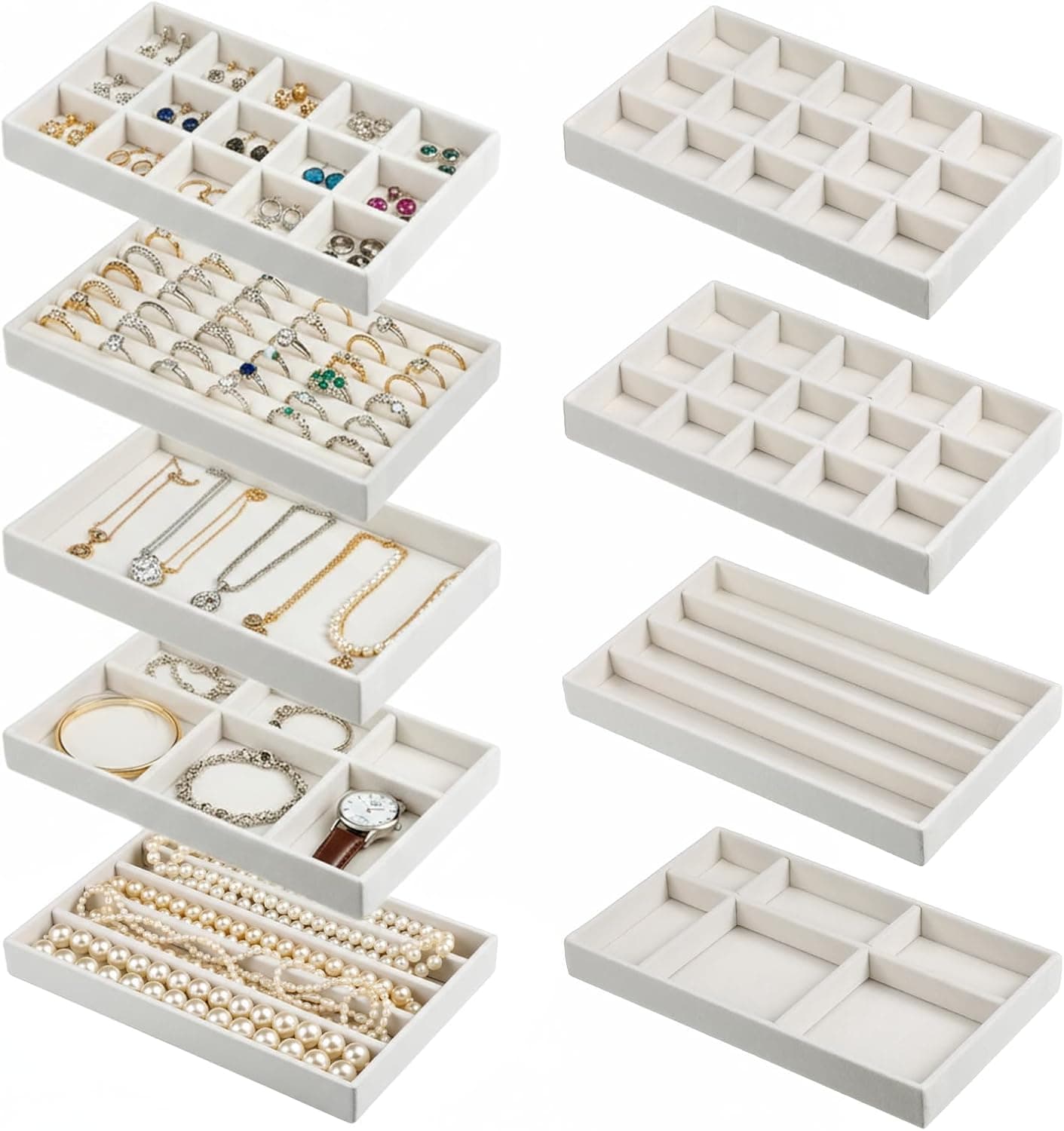 9 Set Velvet Jewelry Drawer Organizer Inserts, Stackable Jewelry Organizer Trays with Removable Dividers, Jewelrys Storage Display Tray, for Earring Ring Necklace Watch Bracelet, Beige