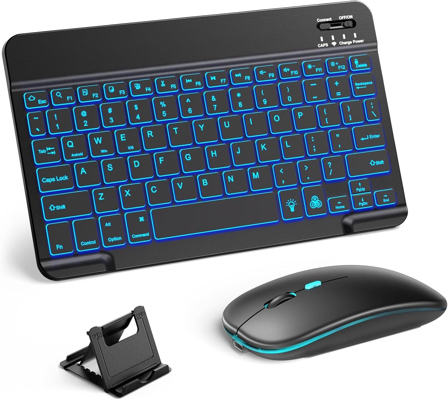 Hamile Bluetooth Keyboard and Mouse for iPad - Rechargeable Wireless Keyboard for iPad 11th/10th/9th Gen, Pro/Air/Mini, iPhone, Ultra-Slim Tablet Keyboard and Mouse with 7-Color Backlit, Black