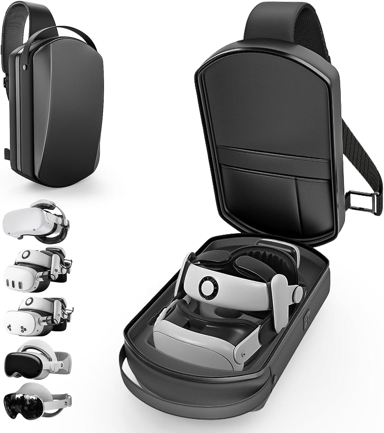 Carrying Case Sling Bag Compatible with Meta Quest 2,3,3S/Vision Pro & 2/Elite Strap/BOBOVR S3 PRO/Kiwi design Battery & ALL SIZE VR Headset Controller Accessories, Crossbody Shoulder Backpack (Black)