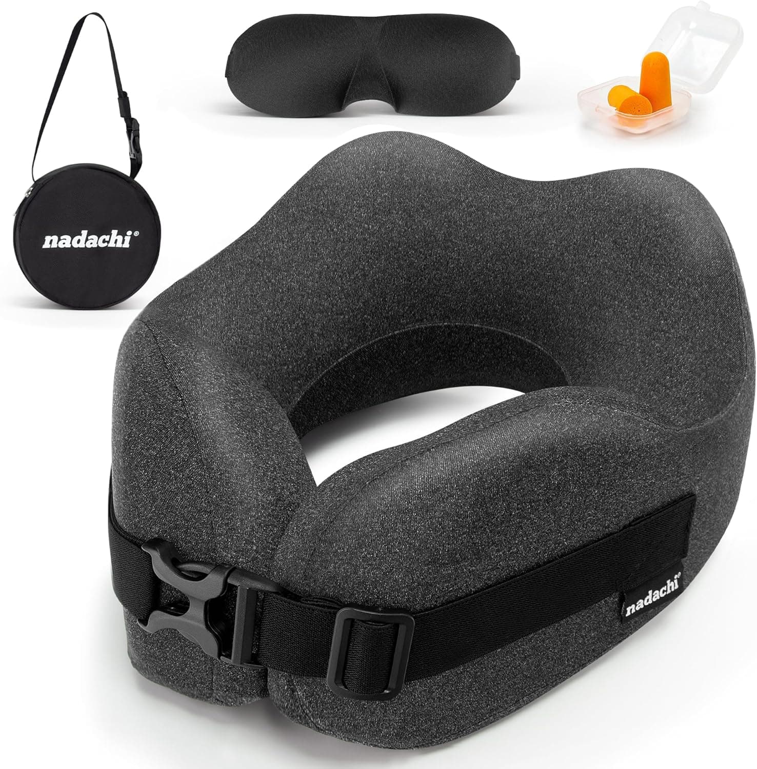 Neck Pillow Airplane Travel Set - Pure Memory Foam Travel Neck Pillow, Plane Pillow for Long Flights Essentials, Sleeping with 3D Contoured Eye Mask, Earplugs, Portable Bag (Darkgrey)