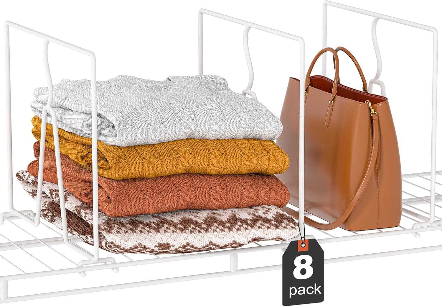 Wire Shelf Dividers for Closet: Tall 8 Pack 12-Inch Deep Adjustable Organizer for Shelves,Metal Rack Separator for Clothes, Purses & Bags，No Tool