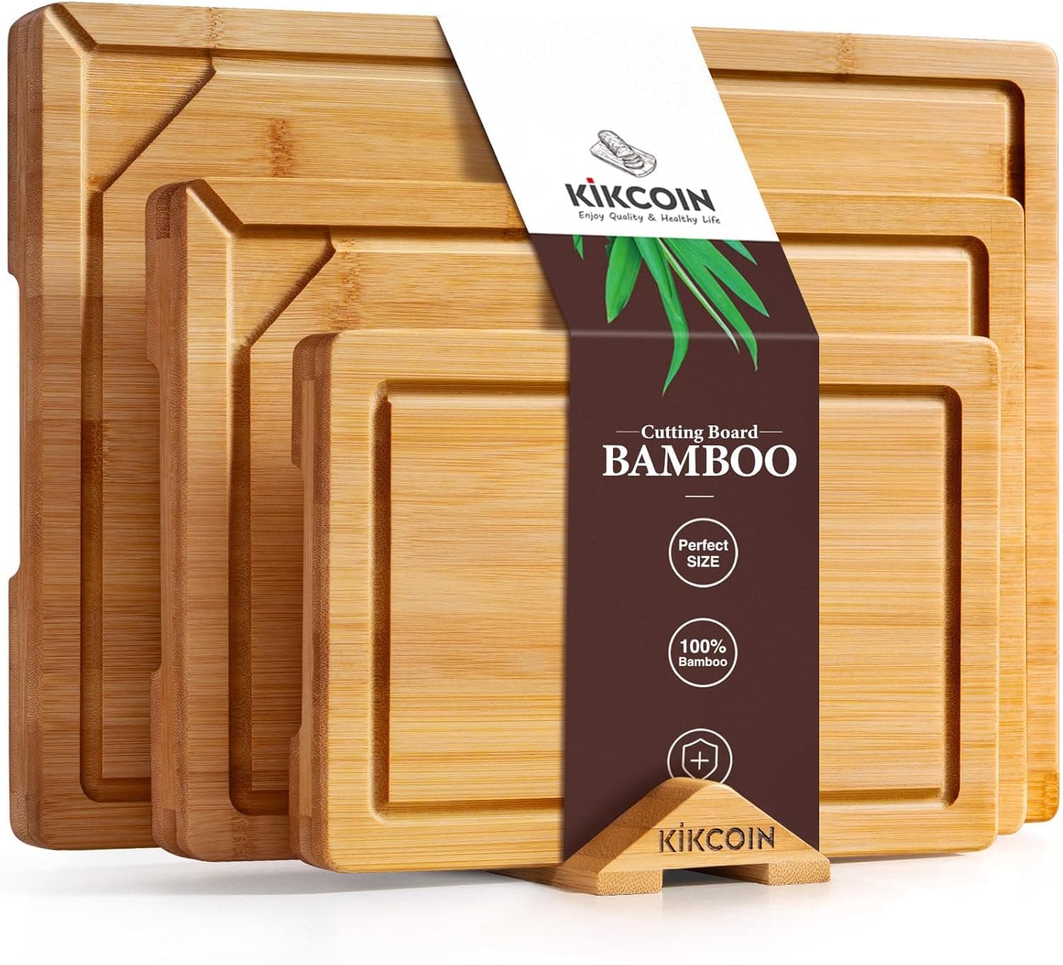 Kikcoin Bamboo Cutting Board for Kitchen, 3 Piece Wood Cutting Boards Set with Stand and Non-slip Feet, Knife Friendly Chopping-Board with Juice Grooves, Lightweight Serving Tray with Built-in Handles