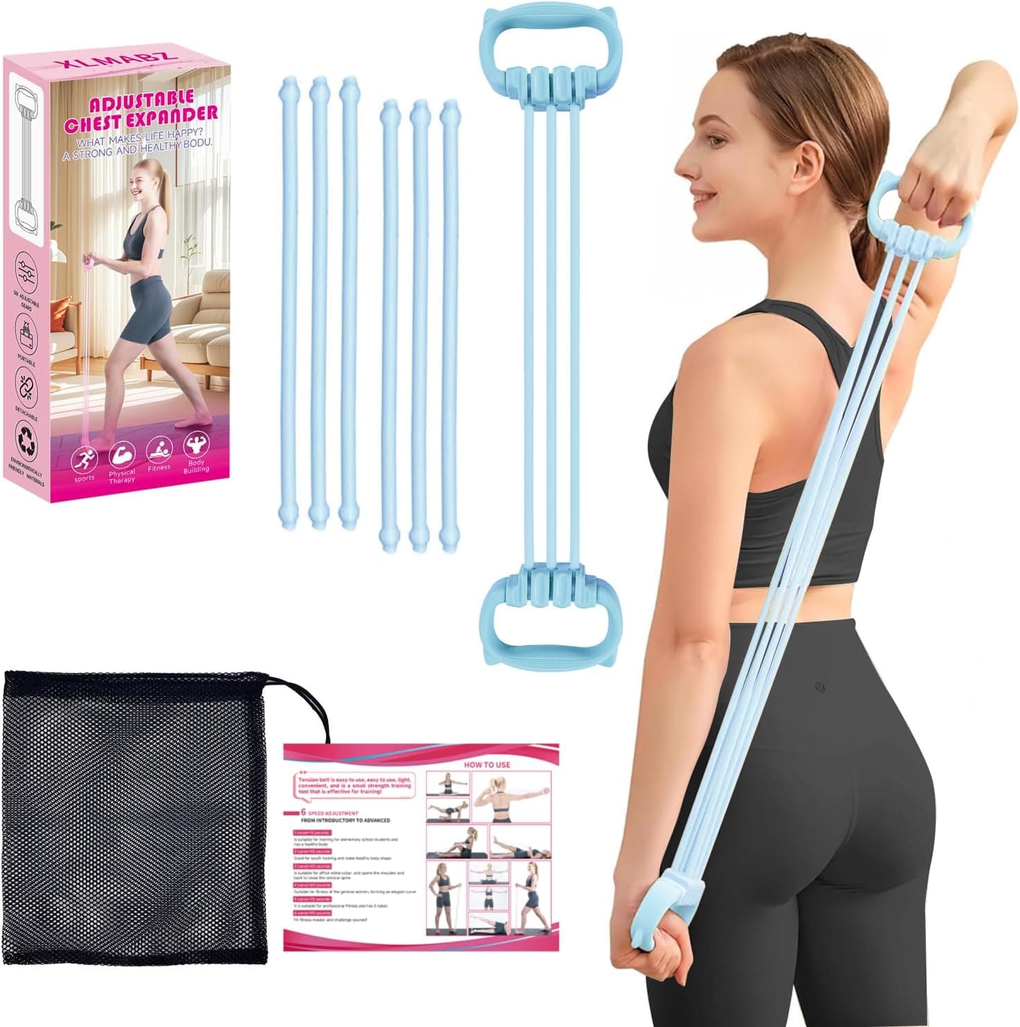 6 Gear Adjustable Resistance Bands, Fitness Resistance Bands Exercise Bands with Comfort Grips, Unisex, for Arms, Chest Extender, Home Workout, Fitness, Pilates