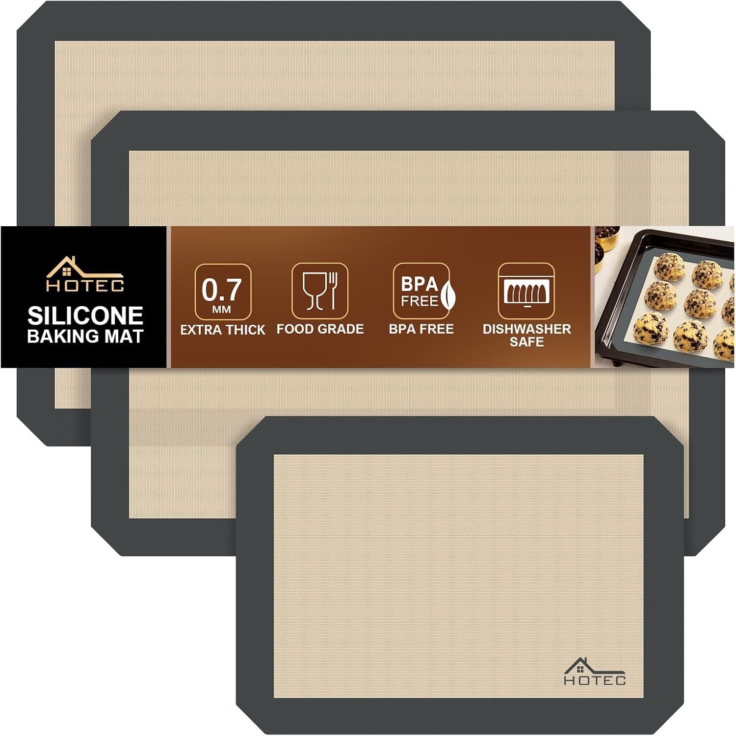 HOTEC Silicone Baking Mats 3 Pack – Thickened Non-Stick Reusable Silicone Baking Sheets for Oven – Cookie & Macaron Mats – 2 Half Sheet + 1 Quarter Sheet – BPA-Free, Dishwasher Safe