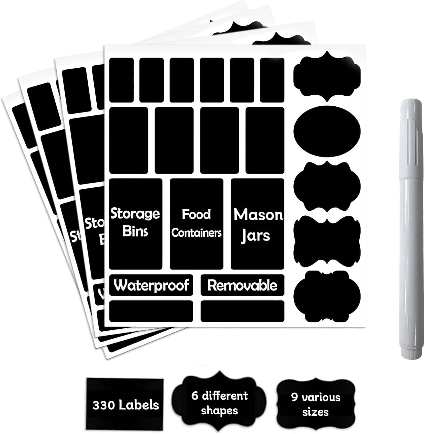 330Pcs Waterproof Labels Stickers for Jars,Reusable Chalkboard Labels for Food Containers, Bottles, Blackboard Stickers with 1 Erasable Chalk Marker (Black)