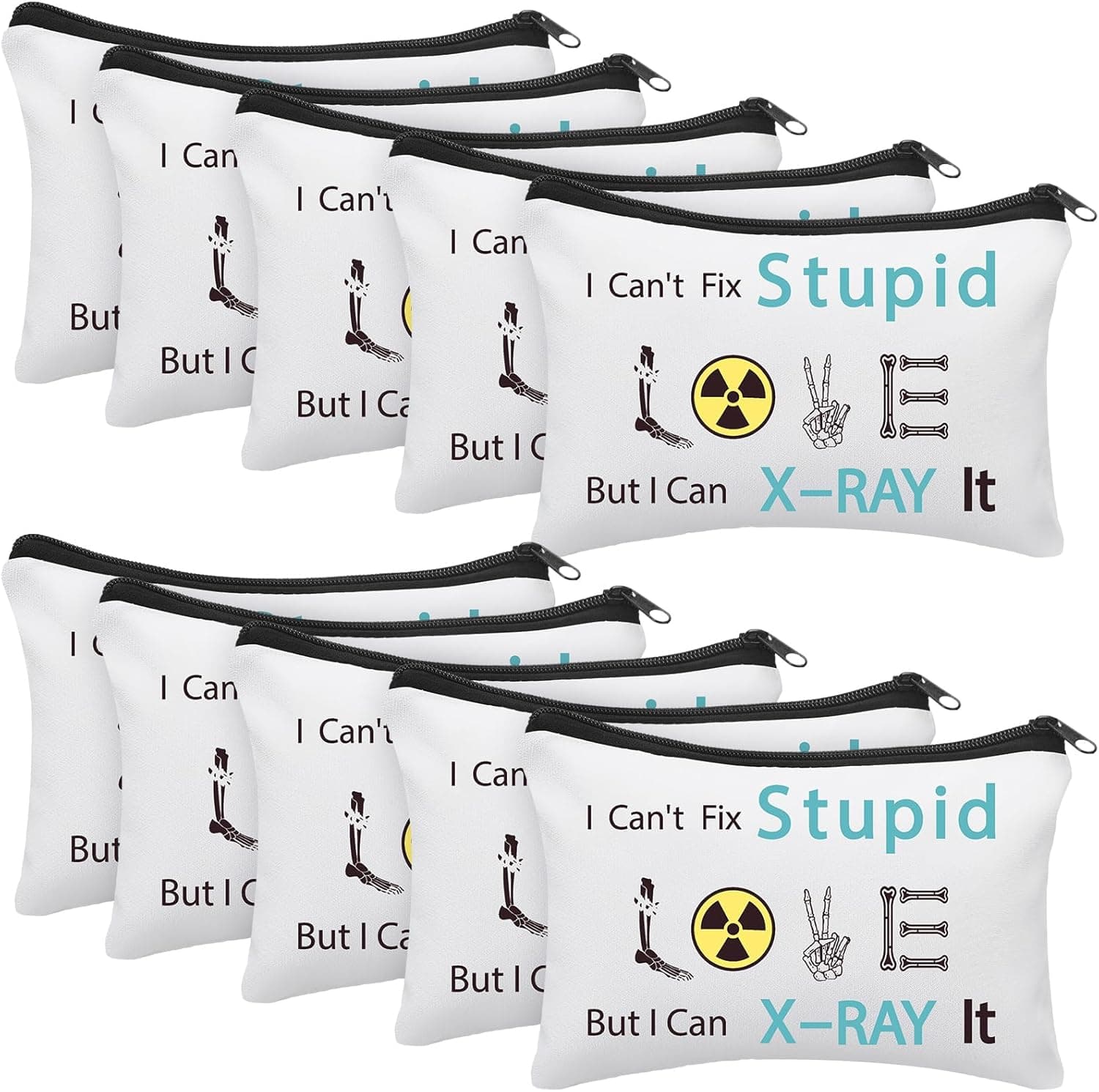 10 Pcs Christmas X-Ray Tech Gifts Bulk Radiology Gifts Bulk Rad Tech Gift X-Ray Makeup Bags I Can't Fix Stupid But I Can X Ray It Cosmetic Bag Appreciation Gift for Nurse Doctor Women