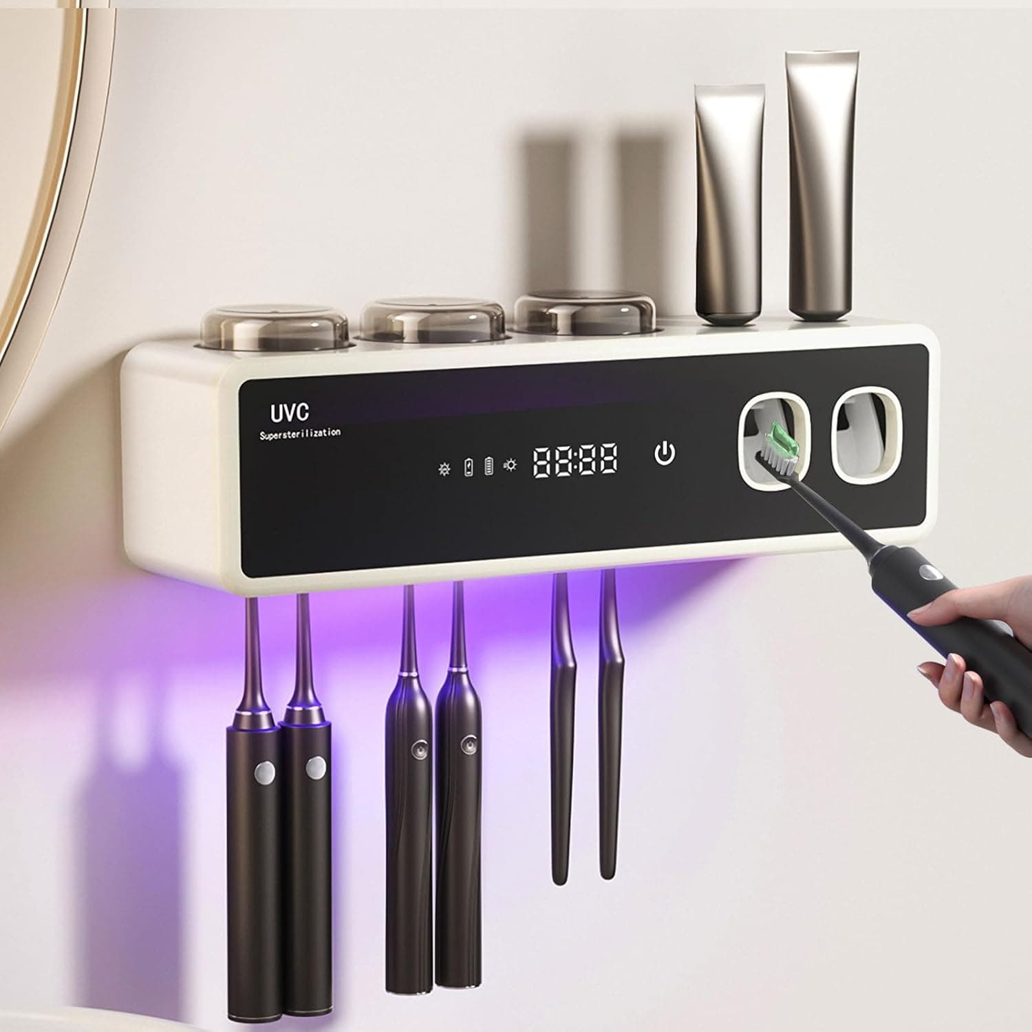 Toothbrush Holders for Bathrooms,Electric Toothbrush Holder Wall Mounted - 6 Brush/3 Cup,Automatic Toothpaste Dispenser & Hot Dry,Smart Cleaning,Bathroom Storage Upgrade (White)