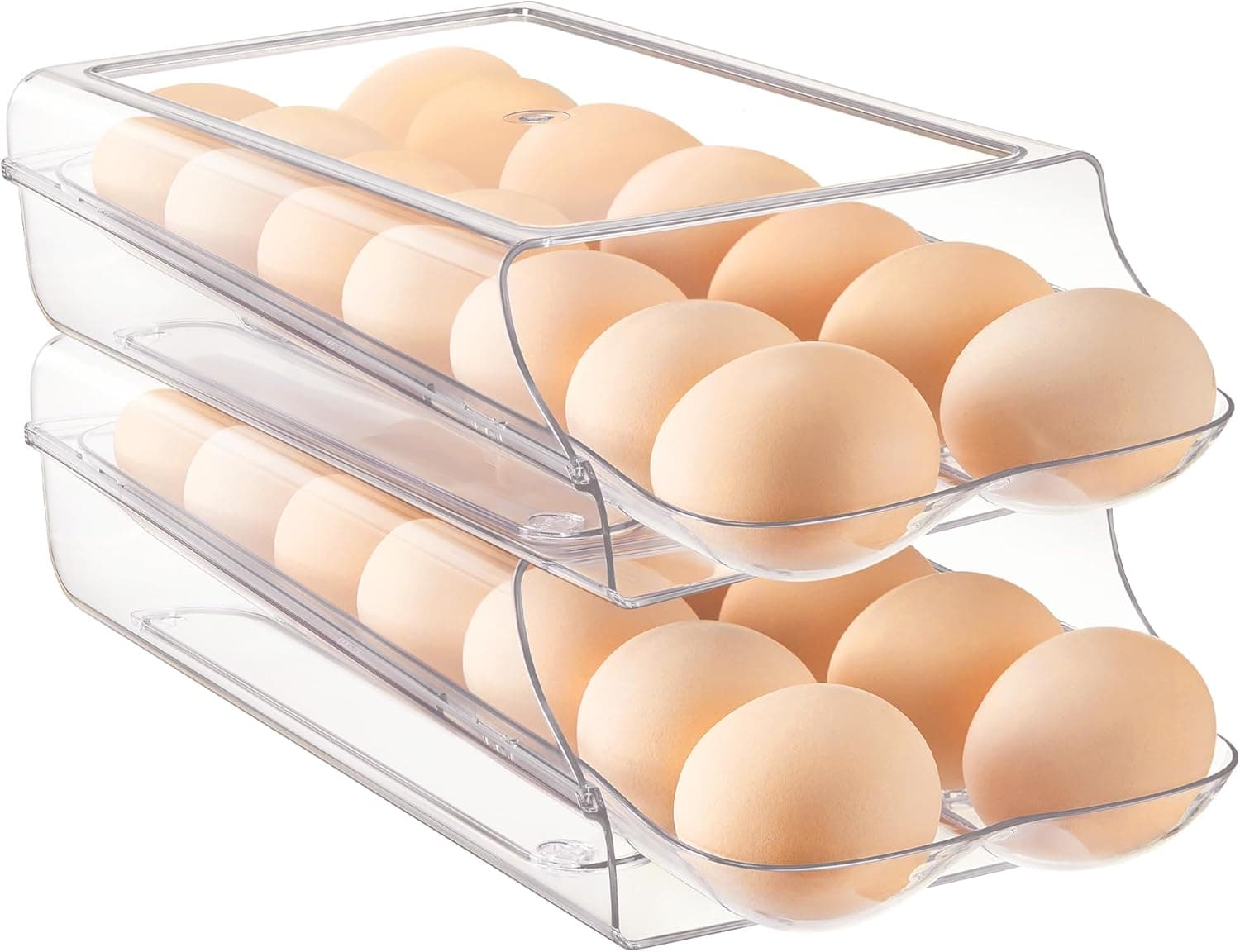 Vtopmart Clear Plastic Egg Holder for Fridge, Automatic Rolling Egg Container for Refrigerator, Stackable 14-Count Eggs Organizer with Removable Inner Tray, Fridge Organizers and Storage, 2Pack