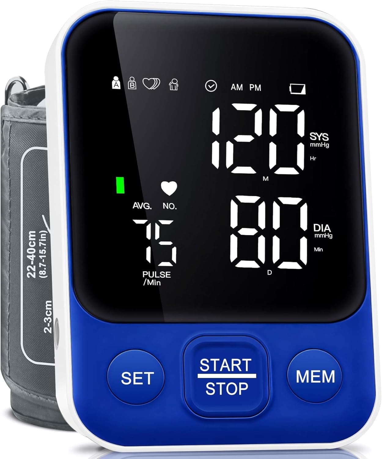 Blood Pressure Monitor Upper Arm Monitors for Home Use BP Machine with 2x120 Reading Memory Adjustable Arm Cuff 8.7"-15.7" Large Display with LED Background Light Storage Bag Navy
