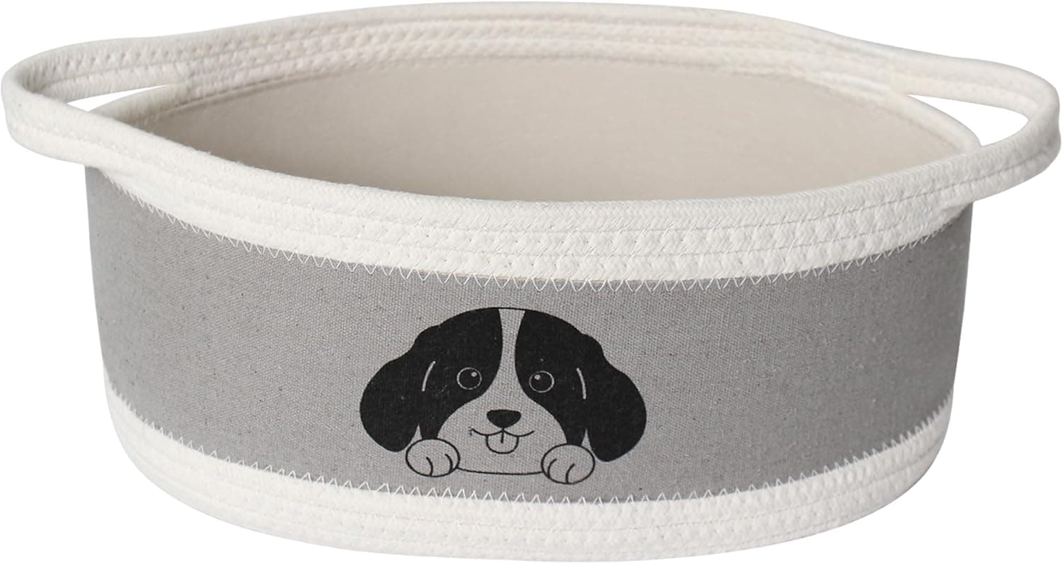 Small Dog Toy Basket, Cotton Rope and EVA Puppy Toy Bin with Cute Dog Print, Pet Toy Storage Box for Living Room Nursery, Decorative Woven Storage Pet Gift Basket Empty, 13”x9”x5”