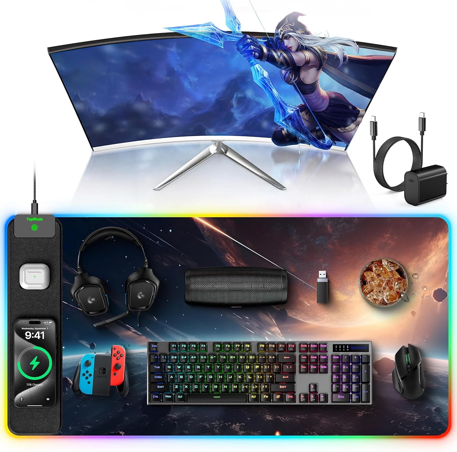 TopMade Wireless Charging Mouse Pad, RGB Gaming Mousepad Home Office Desk Pad, 31.5” x 15.8” Large Desk Mat, Waterproof Keyboard Pad, Cosmic Planet (Includes 20W PD Power Adapter & 6.56ft Woven Cable)