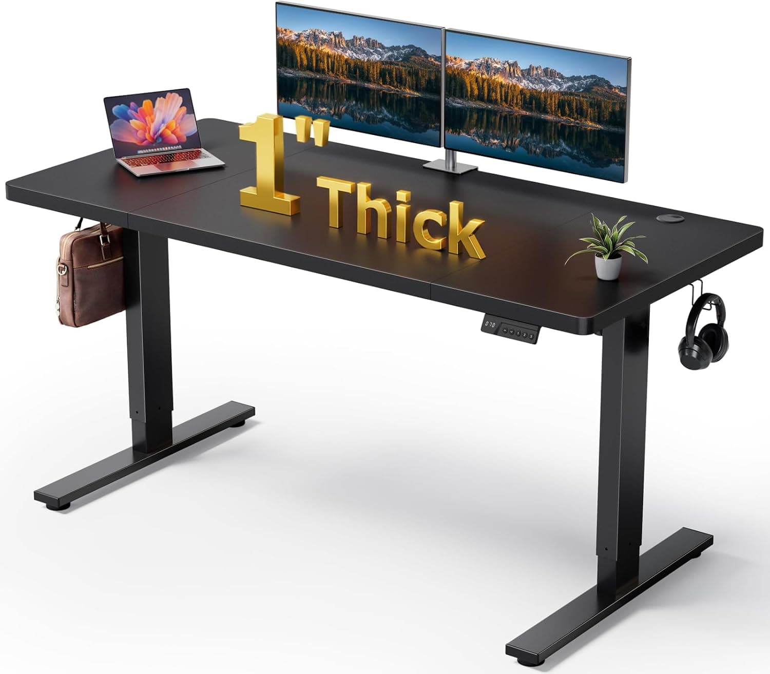 Electric Standing Desk Adjustable - 60x28 Inch Sit Stand Desk with 1 Inch Thick Tabletop, Double Beam Frame, 3 Memory Height Adjustment, Cable Management for Home Office