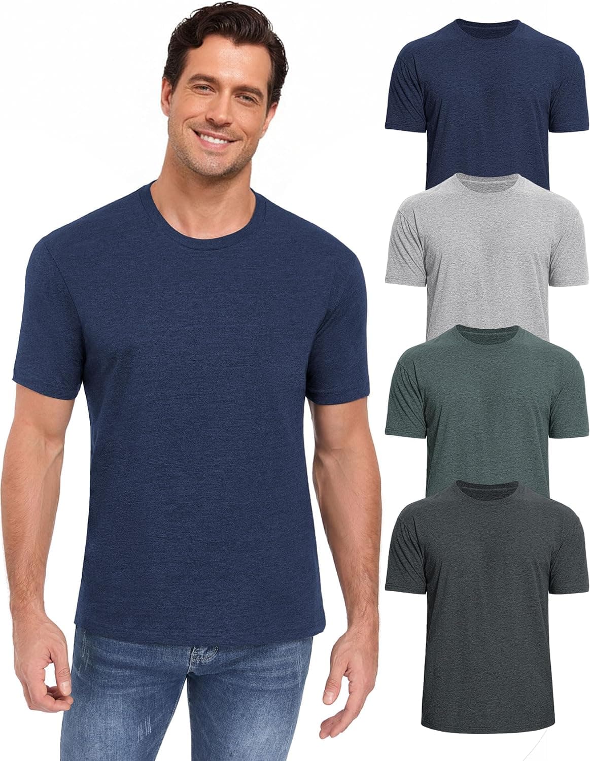 Mens Classic Tees Short Sleeve Crew Neck T Shirts for Men, Cotton Blend Soft Fitted Basic T-Shirts, 4-Pack