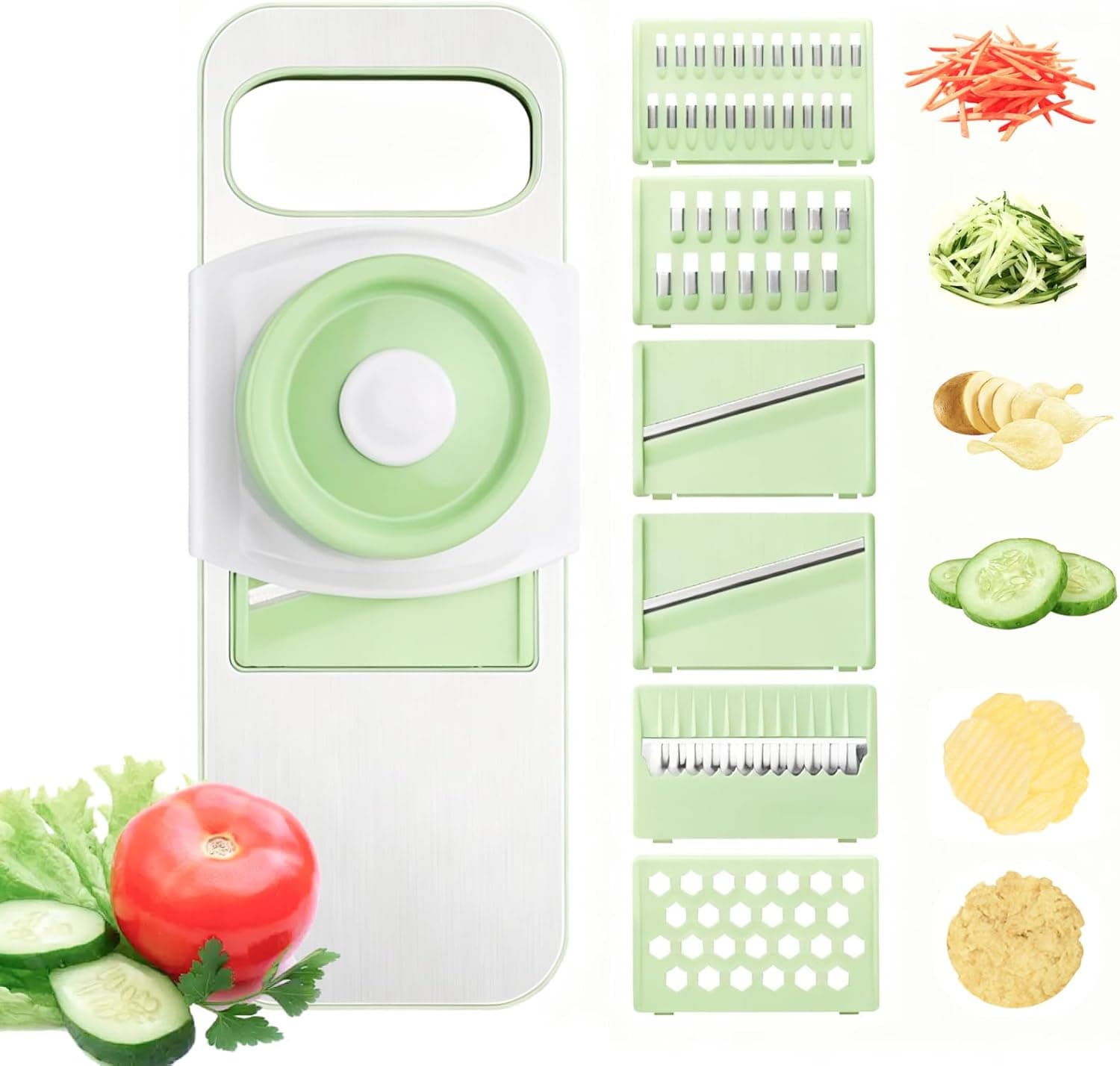 Stainless-Steel Mandoline Slicer for Kitchen, 6-in-1 Vegetable & Cucumber Slicer with Safety Guard, Easy-Clean Design, Compact Space-Saving Tool for Daily Salad & Meal Prep (Mint Green)