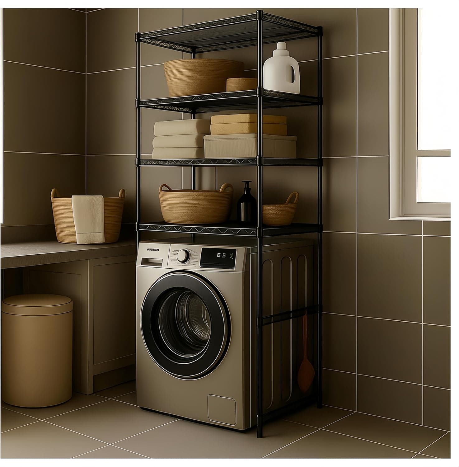 Washer, Dryer and Refrigerator Top Shelf - Extra-Wide Design, Thickened Structure, Washing Machine Rack,Height-Adjustable, Laundry Room Shelves Organizer，Over Dryer Storage(Black)