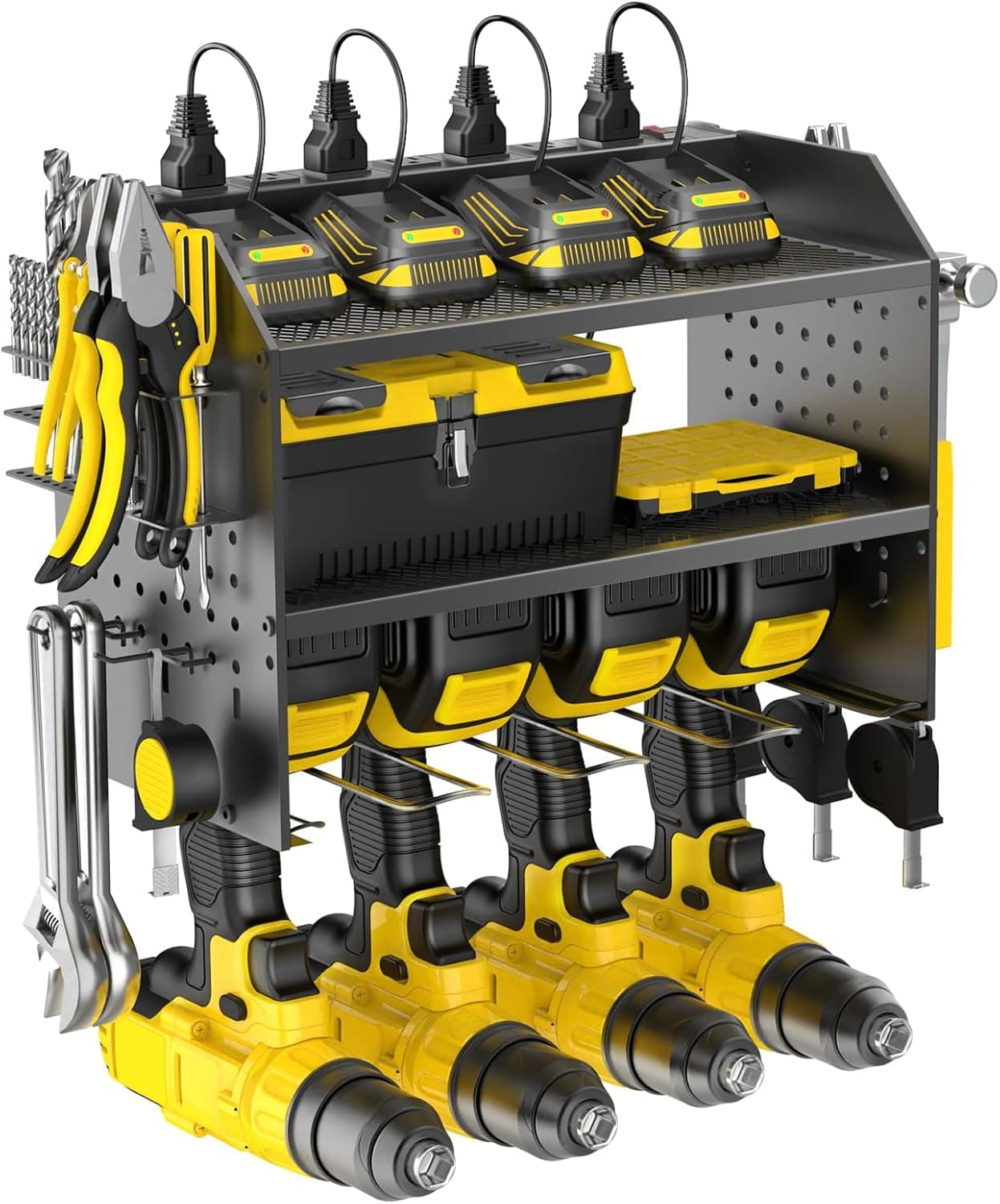 Power Tool Organizer Wall Mount with Charging Station, Drill Holder, Adjustable Layers, Heavy Duty Garage Tool Organizer Storage with 8 Outlet Power Strip, Christmas Gifts for Men, Dad, Husband