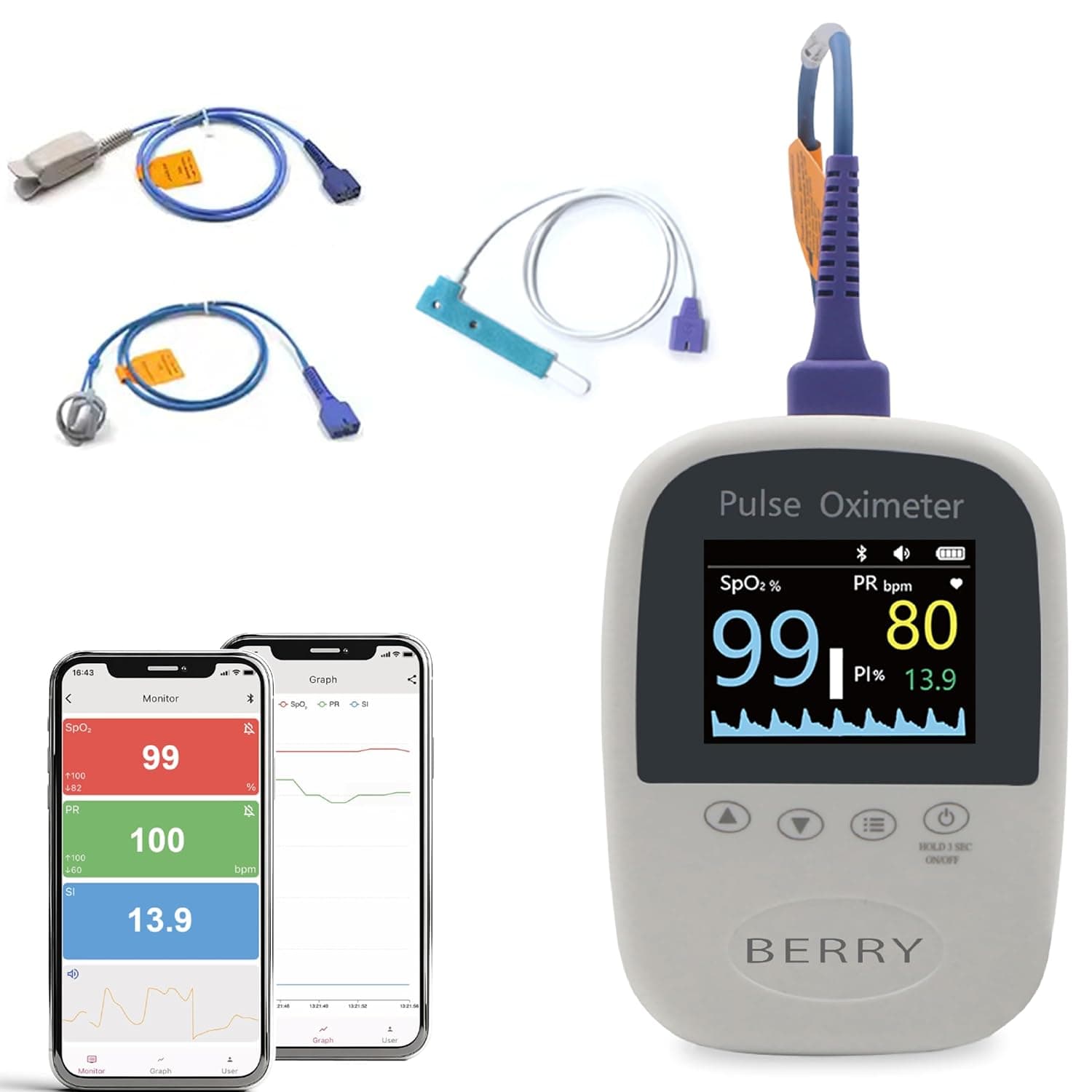 Handheld Fingertip Pulse Oximeter,Bluetooth Fingertip Oxygen Tracker with Free APP, SPO2 & Pulse Rate Monitor for Adults - Fast & Accurate Results,3 Probe Sensor & Battery Included