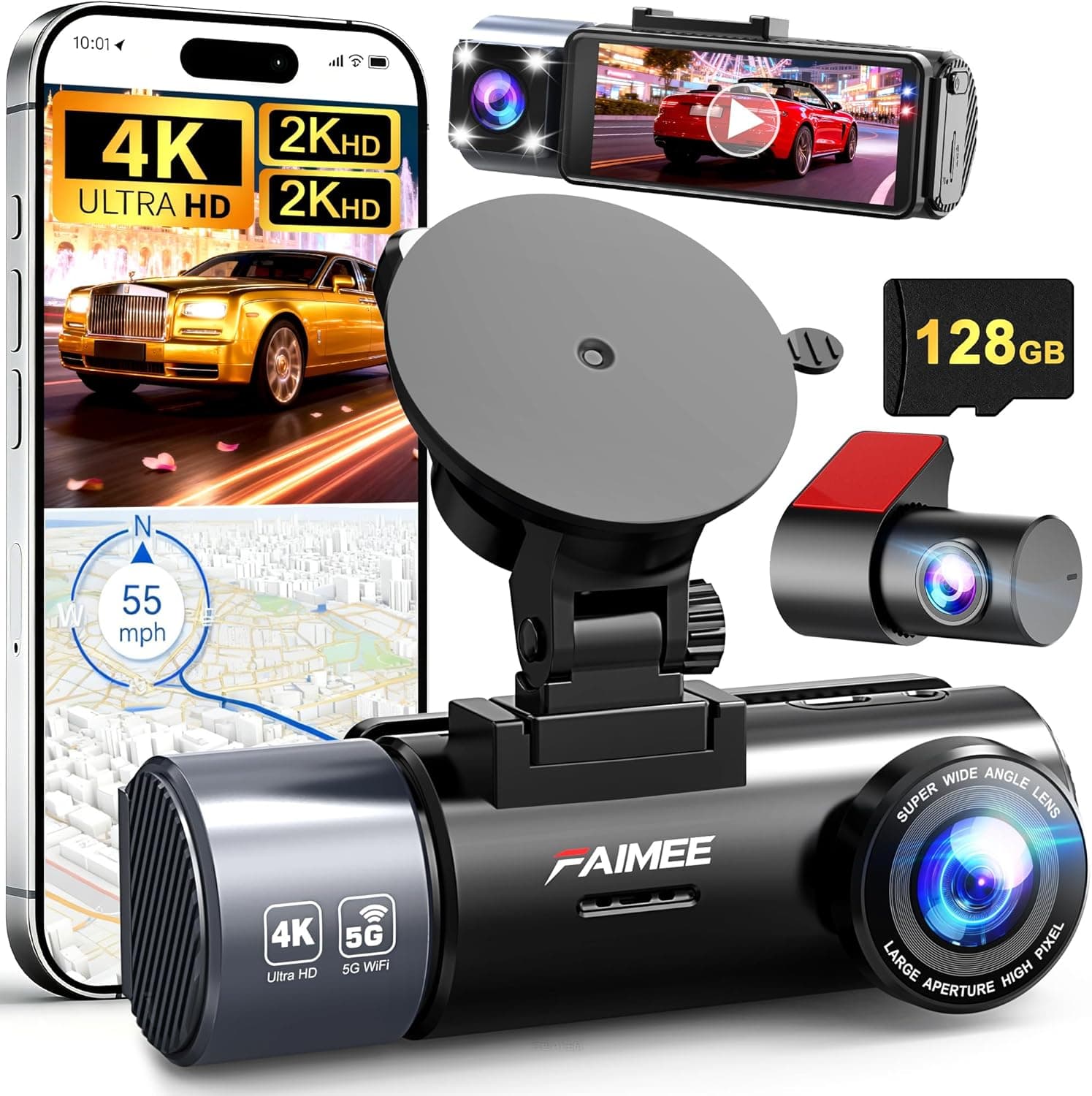 4K+2K+2K 3 Channel Dash Cam Front and Rear, 128GB Card Included, Dash Camera for Cars 5.8G/2.4G Dual Wifi, Built-in GPS, Night Vision, WDR, 170°Wide Angle, G-Sensor Emergency Lock, 24H Parking Monitor