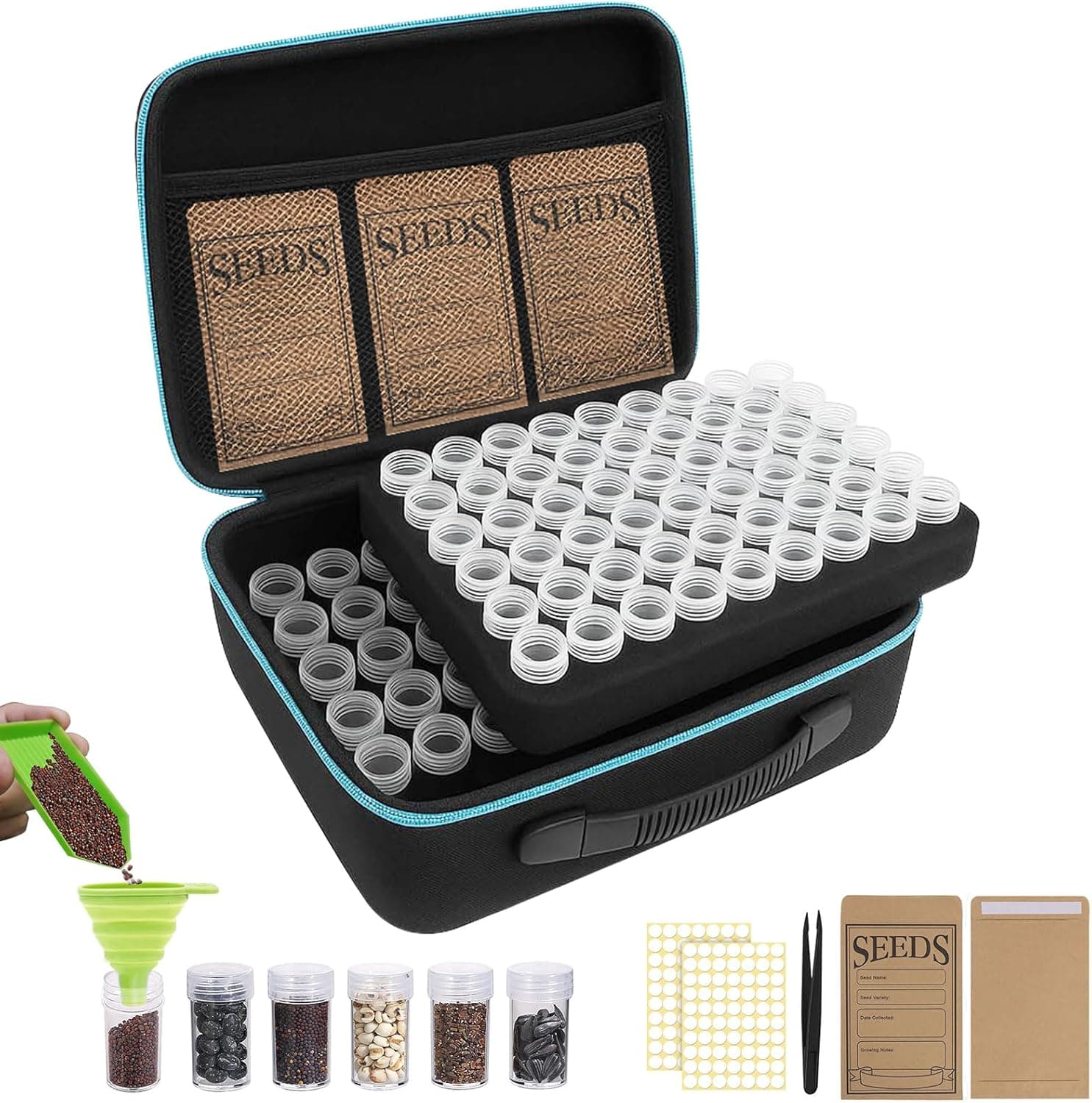 Seed Storage Organizer Box with 120 Slots and Plastic Bottles, Garden Seed Saver Kit with Envelopes, Labels, Funnel & Tweezers, Airtight Seed Storage Case for Flowers, Vegetables, Herbs & Plants