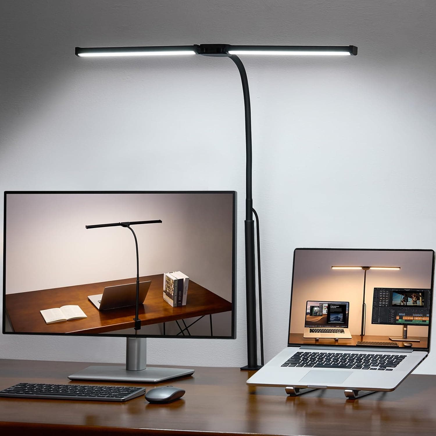 LED Desk Lamp for Home Office, Double Head Architect Light with Clamp, Computer Monitor Clip on Light, 3 Modes and 10 Brightness, Adjustable Flexible Goose-Neck, Table Task Lamp, Black