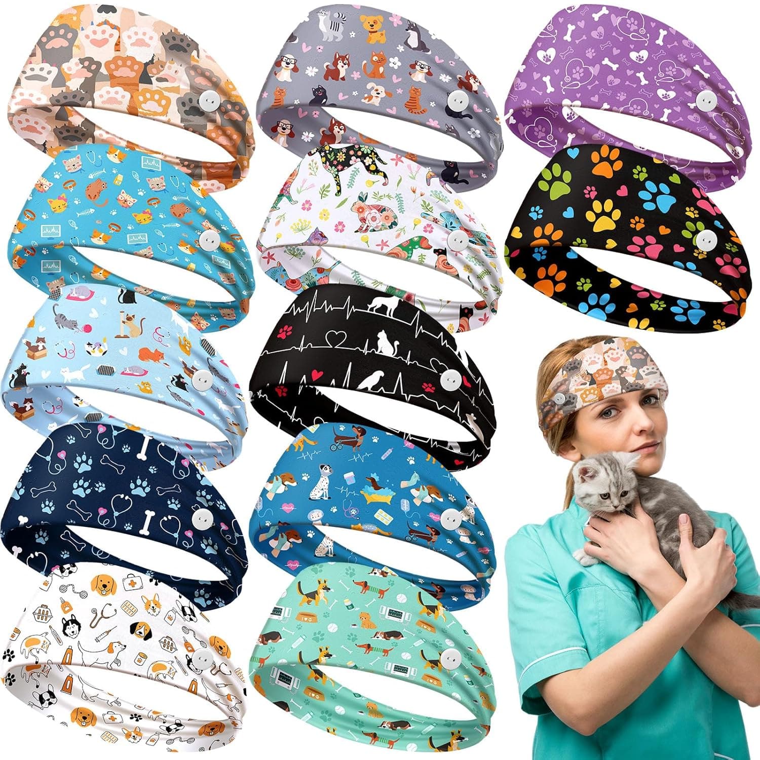 12 Pcs Veterinary Headbands for Women Non Slip Pet Nurse Vet Tech Headbands with Buttons Paw Print Bone Twist Hair Bands for Animal Lovers Dog Mom Nurse Christmas Gifts