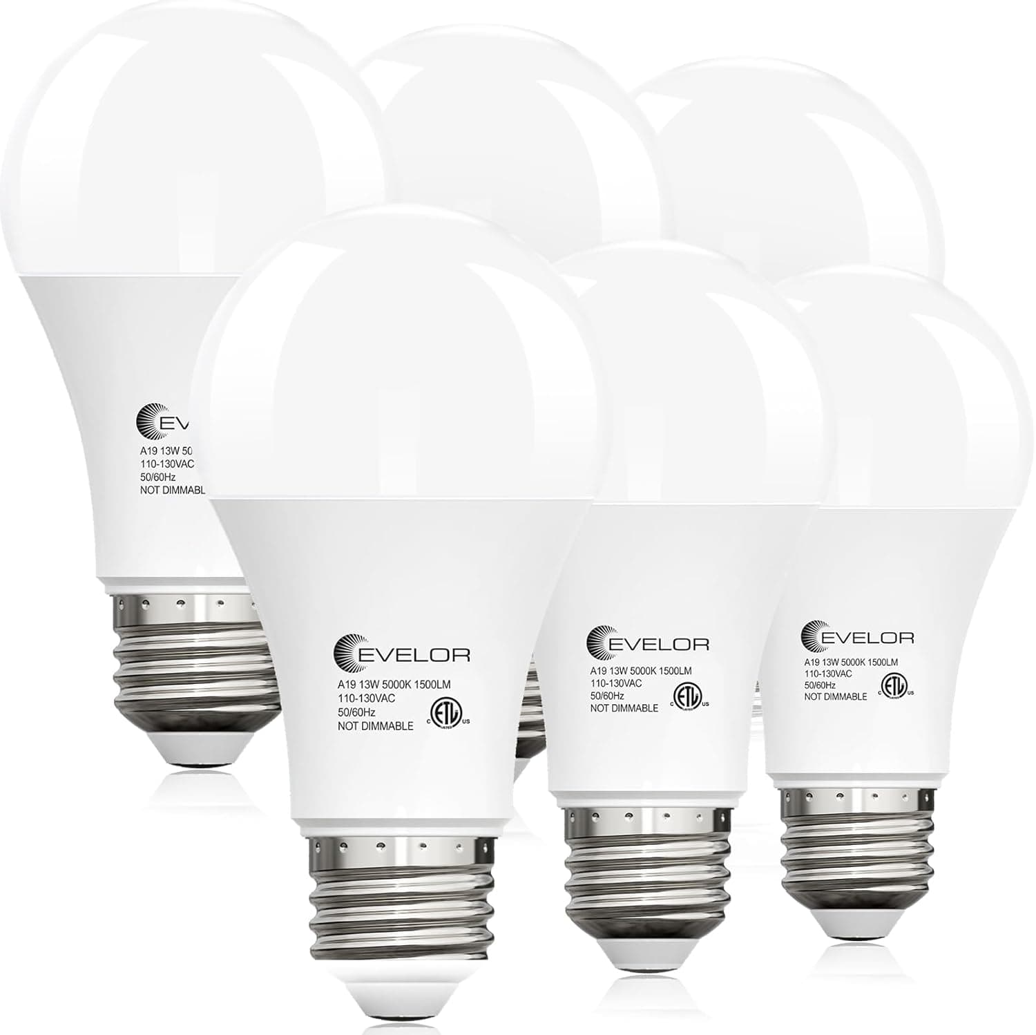 6-Packs A19 LED Light Bulbs,100 Watt Equivalent Daylight 5000K Bright Bulbs Efficient 13W,1500 Lumens E26 Base, Non-Dimmable, 15000-Hour Lifespan for Bedroom, Living Room, Office