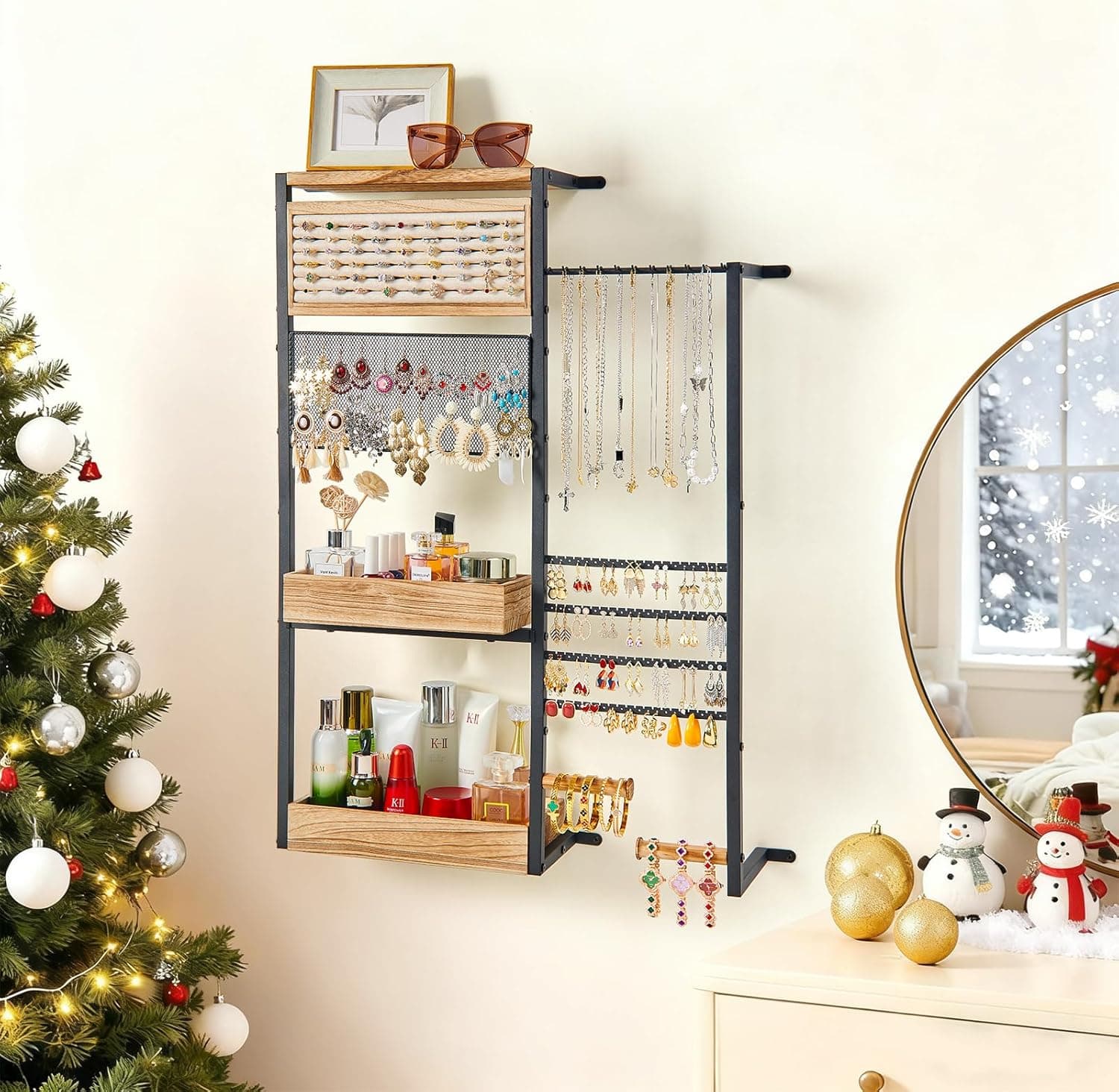 Pinzoveco Hanging Jewelry Organizer Wall Mounted, Large Hanging Jewelry Organizer Holder for Necklaces,Bracelest,Earrings,Rings,Watched,Makeup & Perfume (Black)