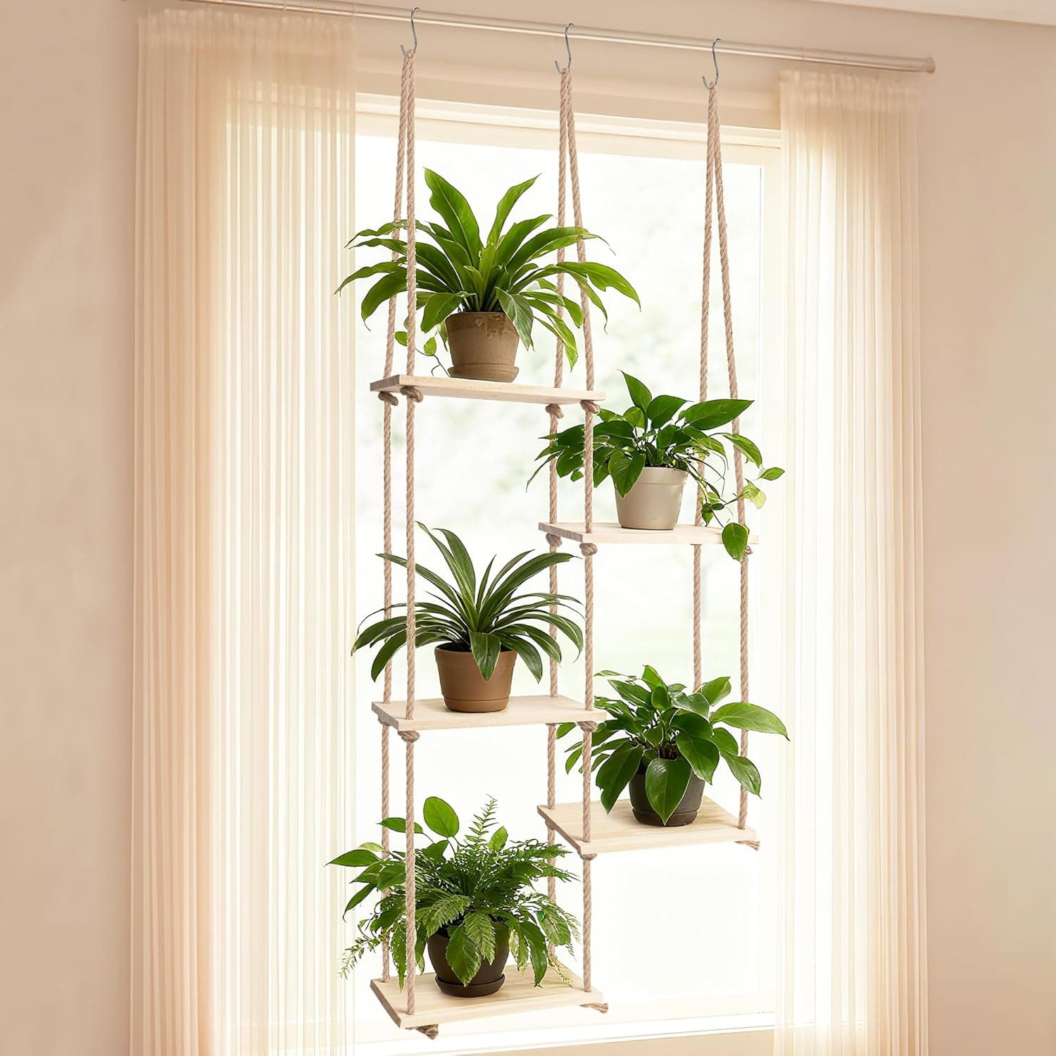 Window Plant Shelves 5 Tier Hanging Plant Shelf for Indoor Plants 3-In-1 Ceiling Wall Curtain Rod Mounting Space-Saving Plant Holder for Living Room Wall Bedroom Home Decor