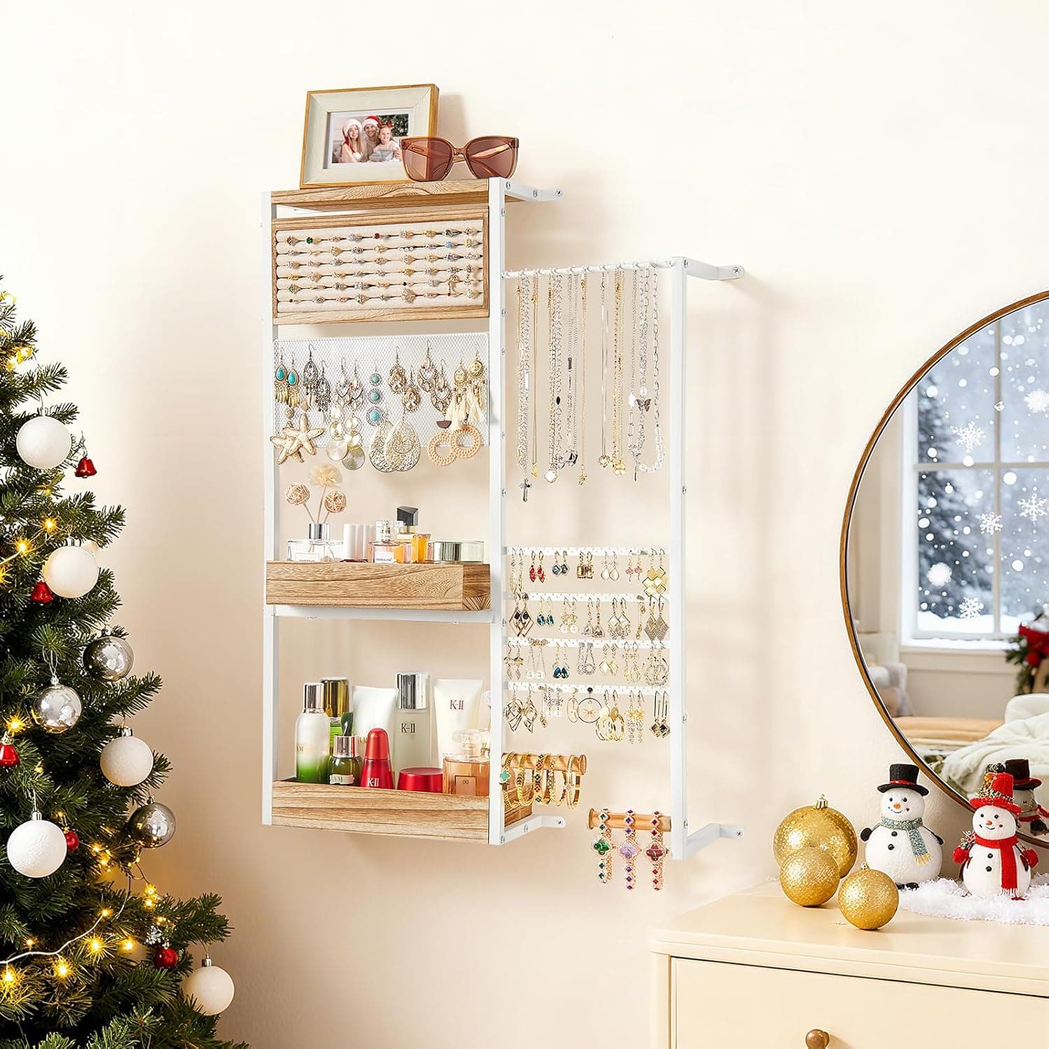 Pinzoveco Hanging Jewelry Organizer Wall Mounted, Large Hanging Jewelry Organizer Holder for Necklaces,Bracelest,Earrings,Rings,Watched,Makeup & Perfume (White)