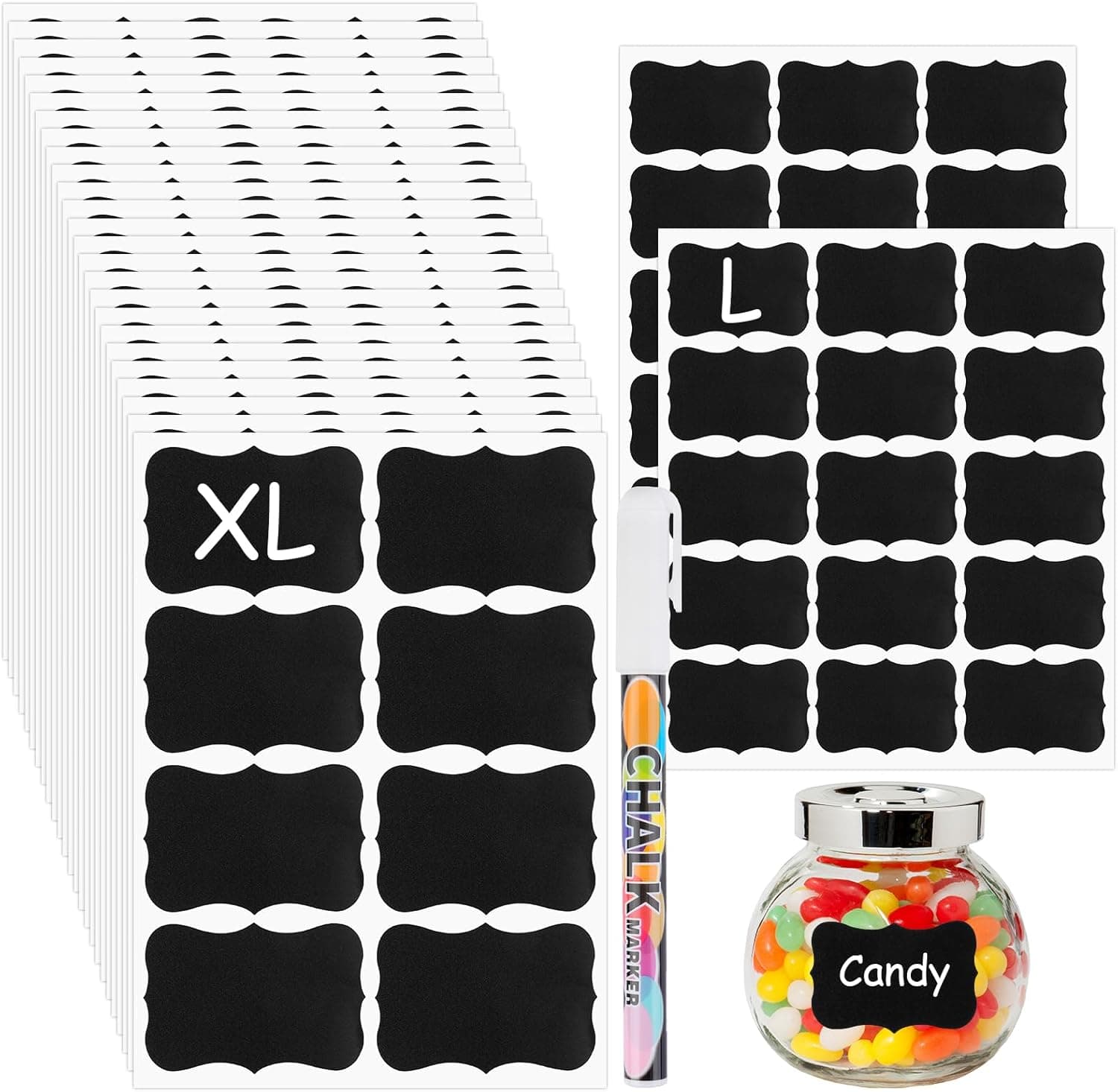 230 Pcs Labels for Jars, 2 Size Waterproof Chalkboard Labels for Food Containers, Storage Bins, Mason Jars, Reusable Blackboard Stickers with 1 Erasable Chalk Marker (Irregular Shape)