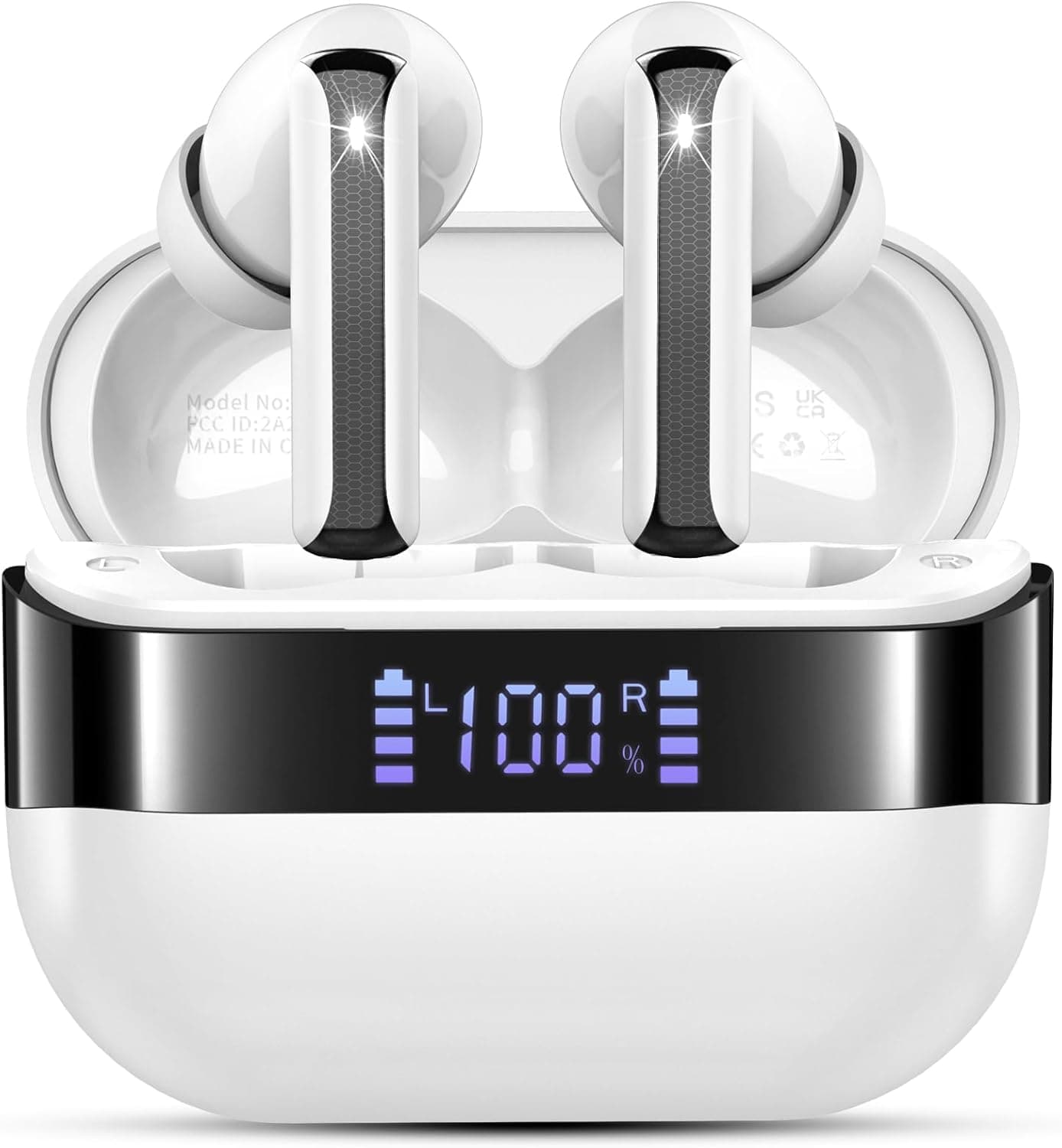 Wireless Earbuds, 2025 Bluetooth 5.4 Headphones Bass Stereo, Ear Buds with 4 Mics ENC Noise Cancelling, Bluetooth Earbuds 48H Playtime LED Display Charging Case, IP7 Waterproof in Ear Earphones white