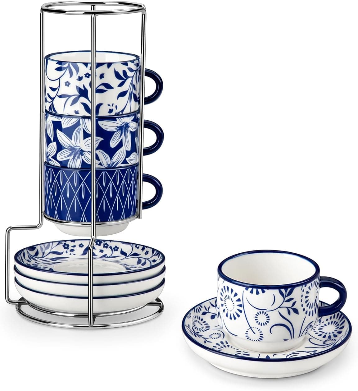 vancasso 2.5OZ Espresso Cups Set of 4, Porcelain Stackable Cappuccino Cups, Demitasse Coffee Cups and Saucers Set with Metal Stand for Specialty Drinks, Series SELENE (Vintage Blue, 2.5 Ounce)