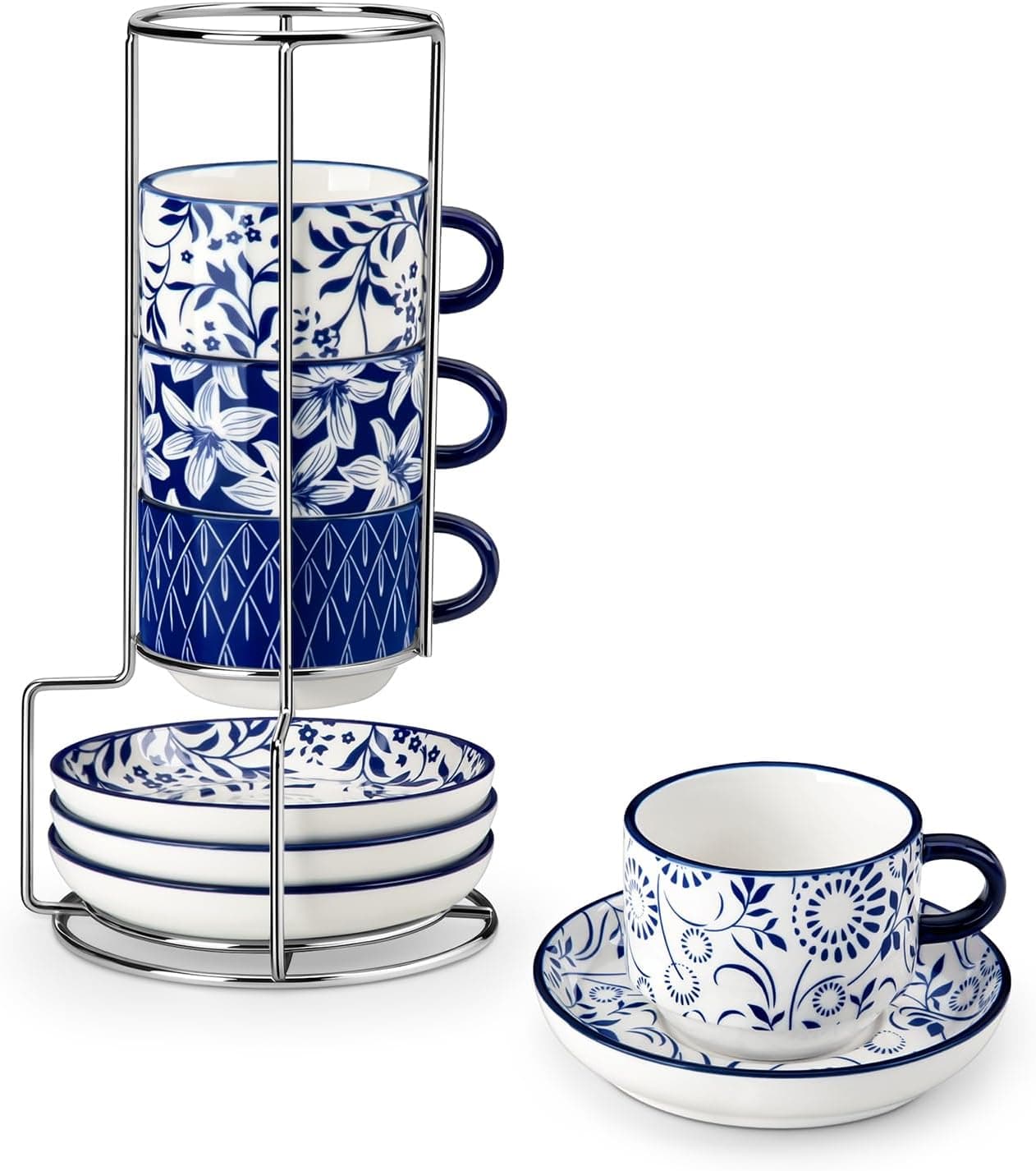 vancasso 4OZ Stackable Espresso Cups with Saucers, Porcelain Cappuccino Cups Set of 4, Coffee Cups Set with Metal Stand for Specialty Coffee Drinks, Great gift, Series SELENE (Vintage Blue, 4 Ounce)