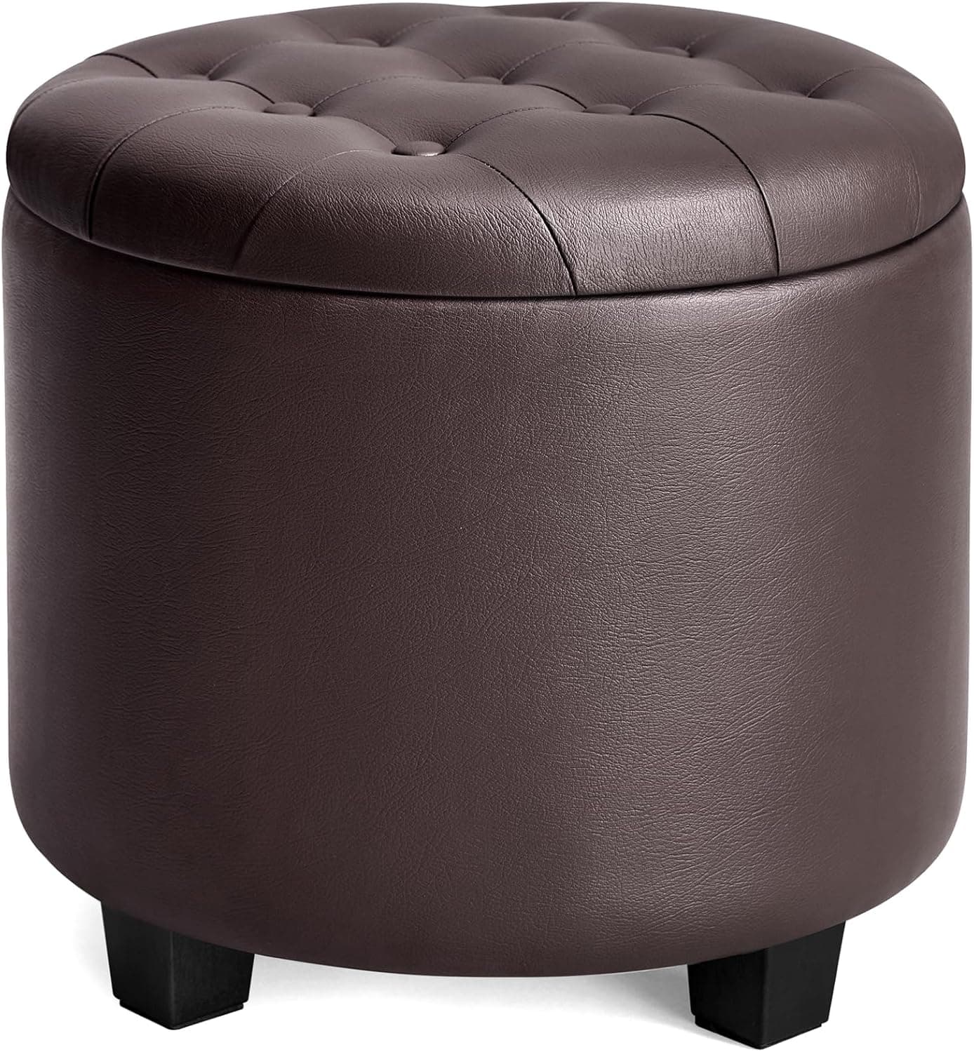 SONGMICS Round Ottoman, Ottoman with Storage, 17.7 x 17.7 x 17.5 Inches, Foot Rest with Legs, Synthetic Leather, Load up to 330 lb, for Living Room, Bedroom, Chestnut Brown ULOM014K01