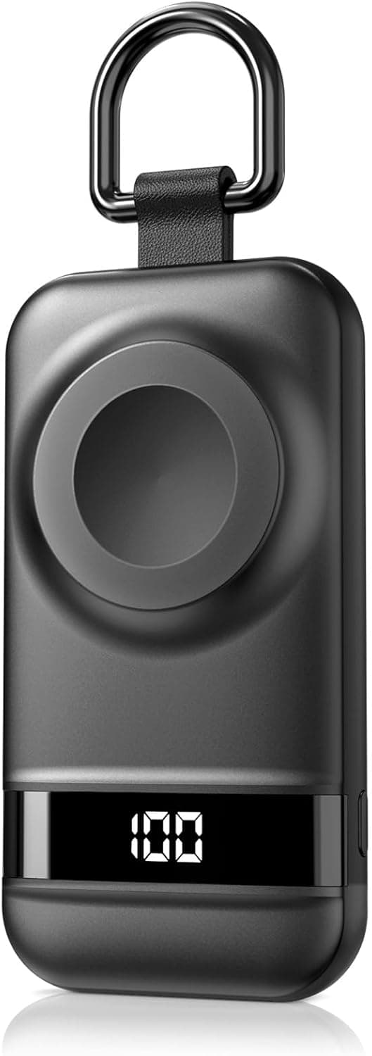 Portable Charger for Apple Watch, 2500mAh & Digital Display – Magnetic Fast Charging iWatch Charger for Travel & Keychain Use – Works with Apple Watch Series (Black)