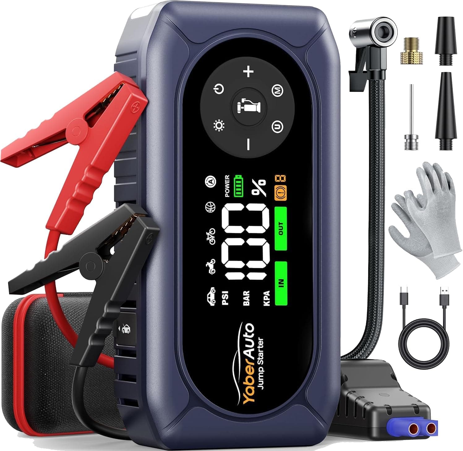 YaberAuto 9-in-1 Jump Starter with Air Compressor 4500A 150PSI Car Battery Jump Starter (9L Gas/8L Diesel), 12V Jump Box Car Battery Jumper Starter Portable Jumper Cables, 400V Insulated Gloves, Light