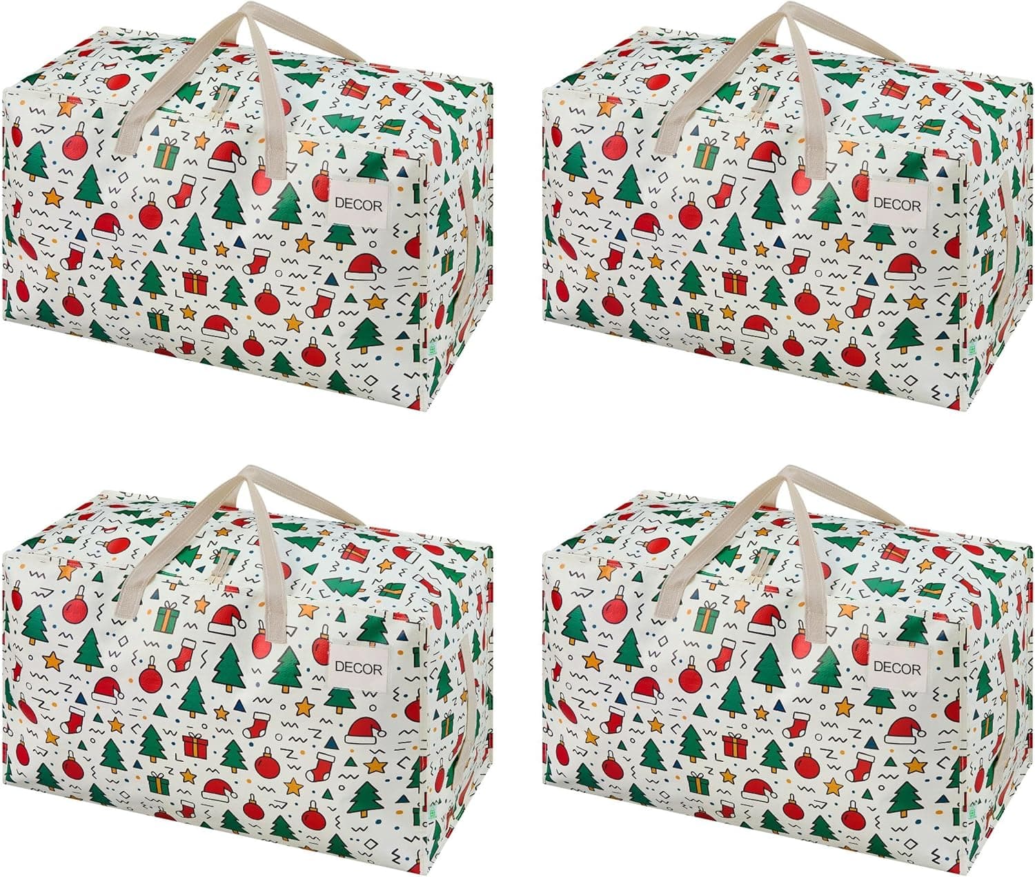 VENO 4 Pack Moving Bags and Large Christmas Decoration Storage Bins with lids. Alternative to Moving Boxes, Packing Supplies for College. Heavy Duty Totes (Jingle Mix, 4 Pack)