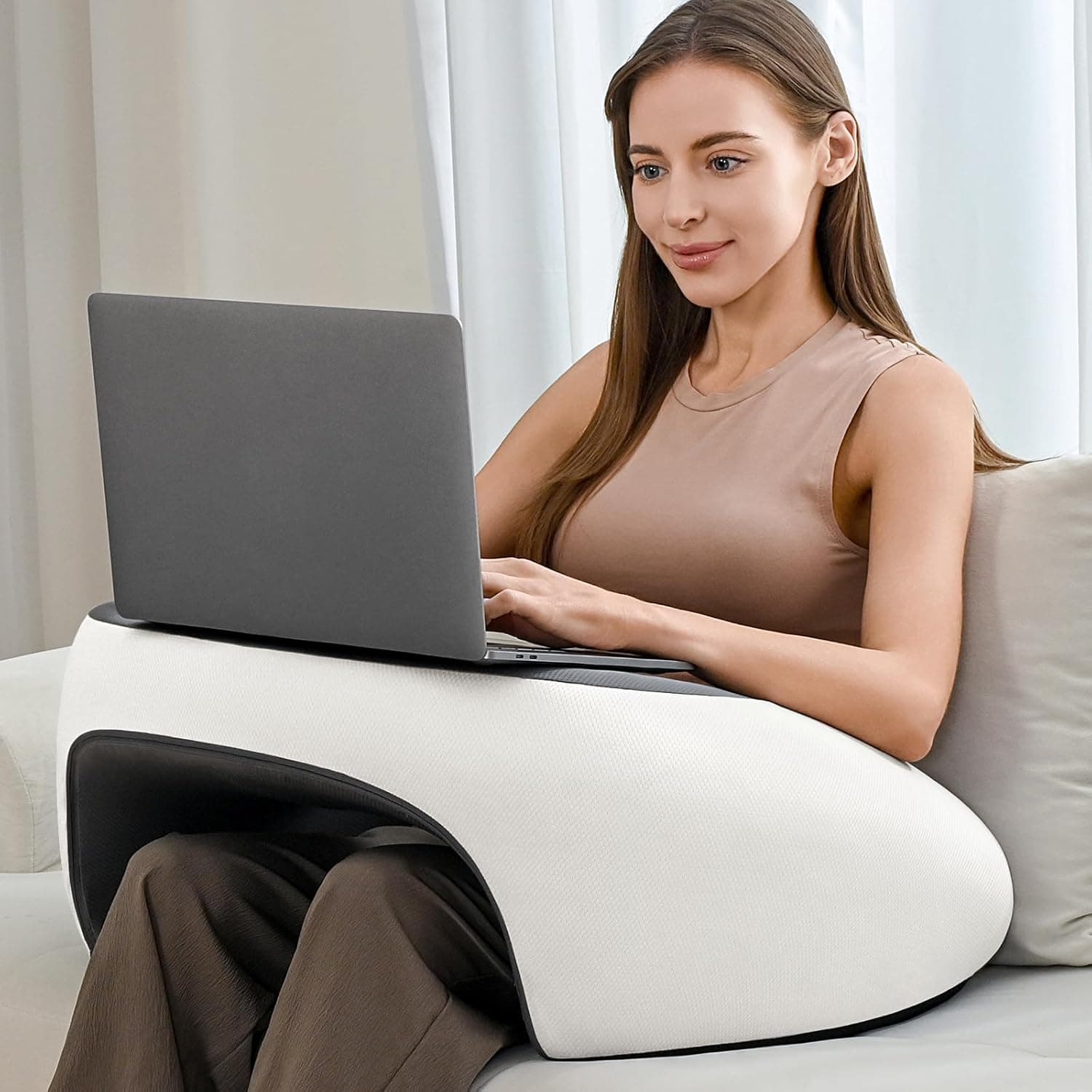Reading Pillow, Lap Desk Pillow for Adult, Gaming Pillow Memory Foam for Arm Support, Arm Rest for Working, Crocheting, Playing Game or Siting in Bed, Floor, Sofa (White&Grey)