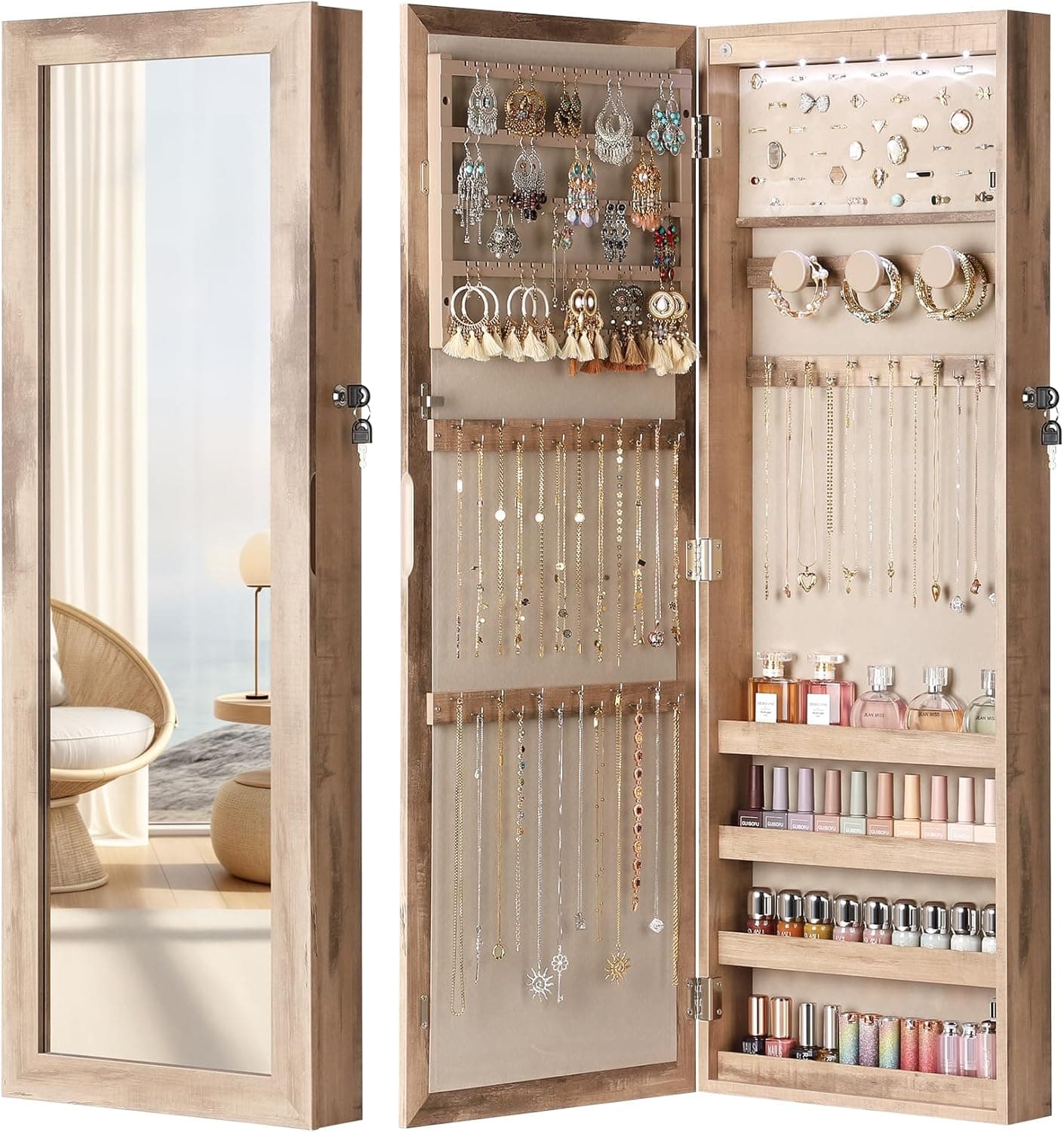 Nicetree 6 LEDs Mirror Jewelry Cabinet, Large Capacity Lockable Jewelry Armoire Organizer, Door or Wall Mounted Mirror with Jewelry Storage,Toasted Oak