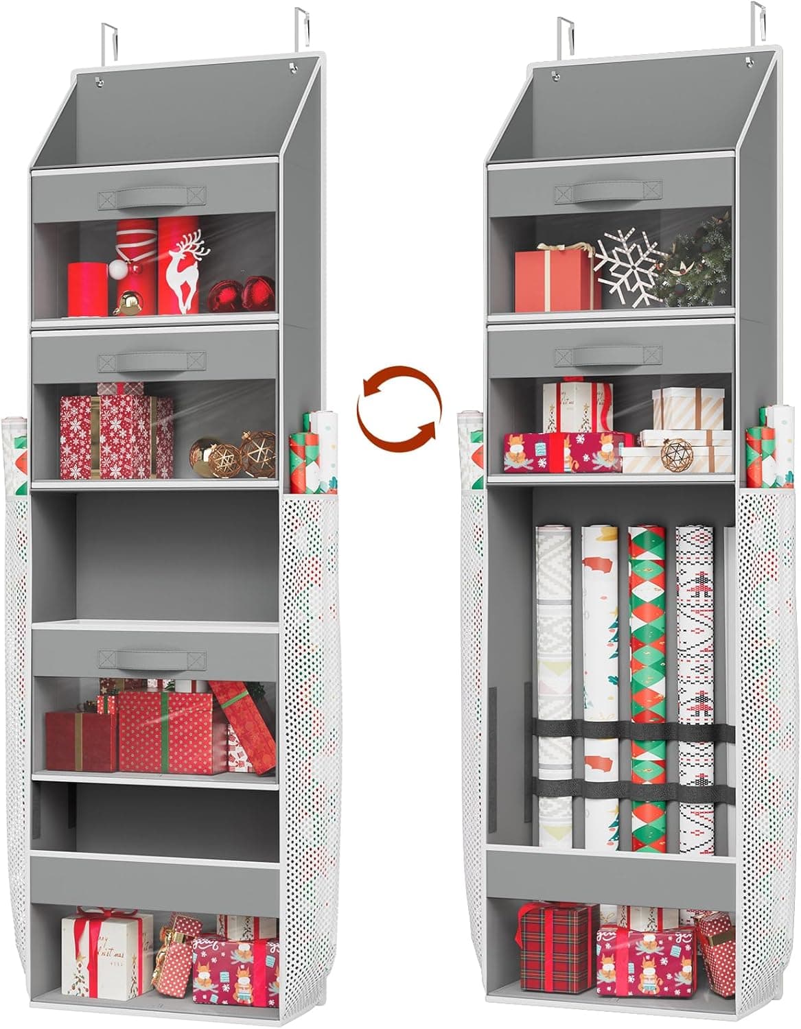 ELYKEN Over Door Wrapping Paper Organizer Storage, Space-Saving Hanging Gift Wrap Storage with Side Pockets, 3 Removable Drawers, Elastic Straps, Dual Use Design for Ribbons, Ornaments, Wrapping Tools