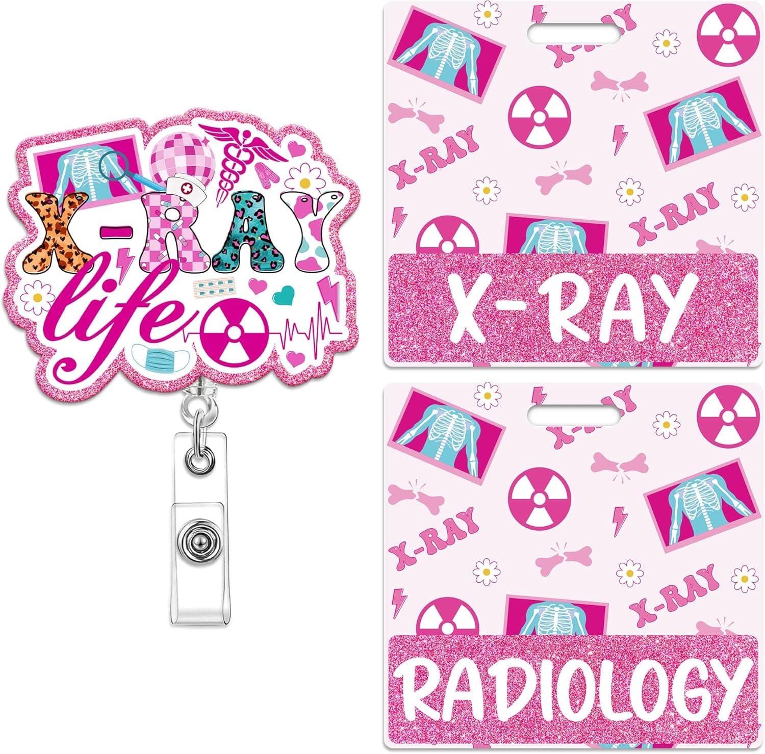 Xray Badge Buddy, Pink Radiology Badge Buddy Retractable, Glitter Xray Tech Badge Reel with Swivel Clip for Radiologic Technologist Radiology Tech Student Essentials