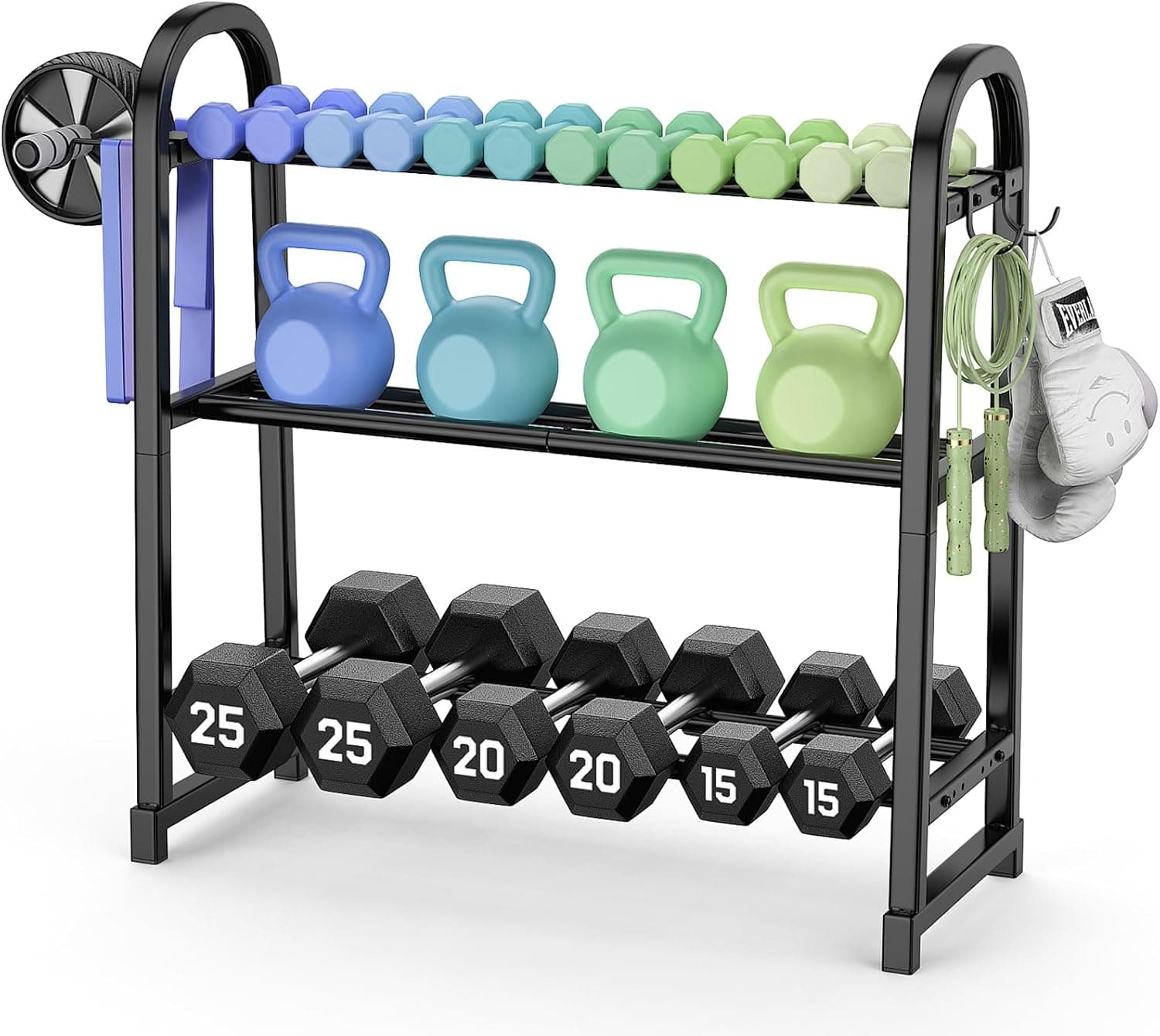 3 Tier Dumbble Rack - 360LB Capacity Adjustable Dumbbell Storage Rack Space-Saving Home Gym Weight Rack For Dumbbells And Kettlebells With Hooks (Dumbbell Rack Stand Only)
