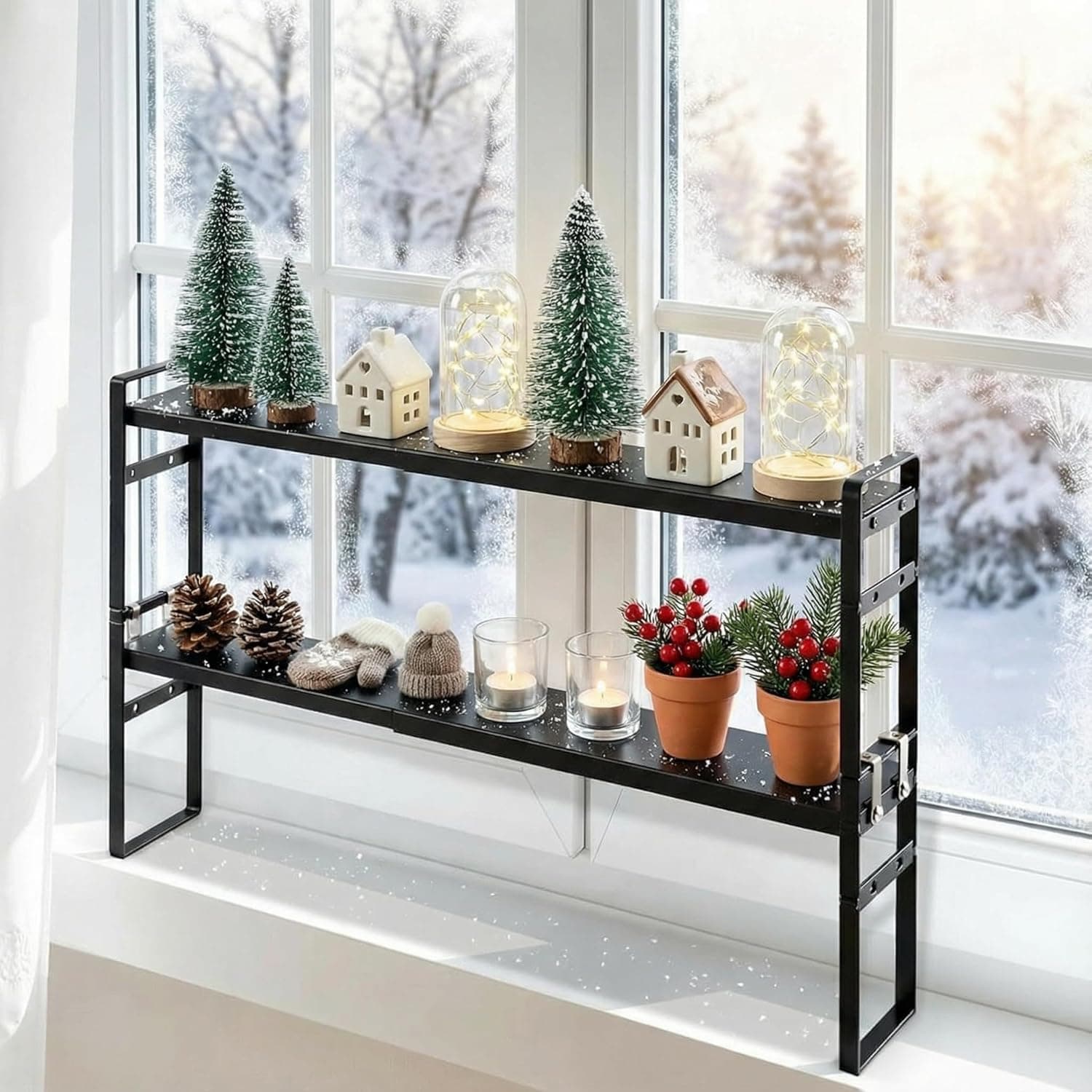 2 Pcs Expandable Window Sill Plant Shelf, 13.7 x 3.5 x 7.28 Inches, Stackable Narrow over The Sink Shelf, Adjustable Height Metal Window Sill Extender Shelves for Kitchen Bathroom(Black)