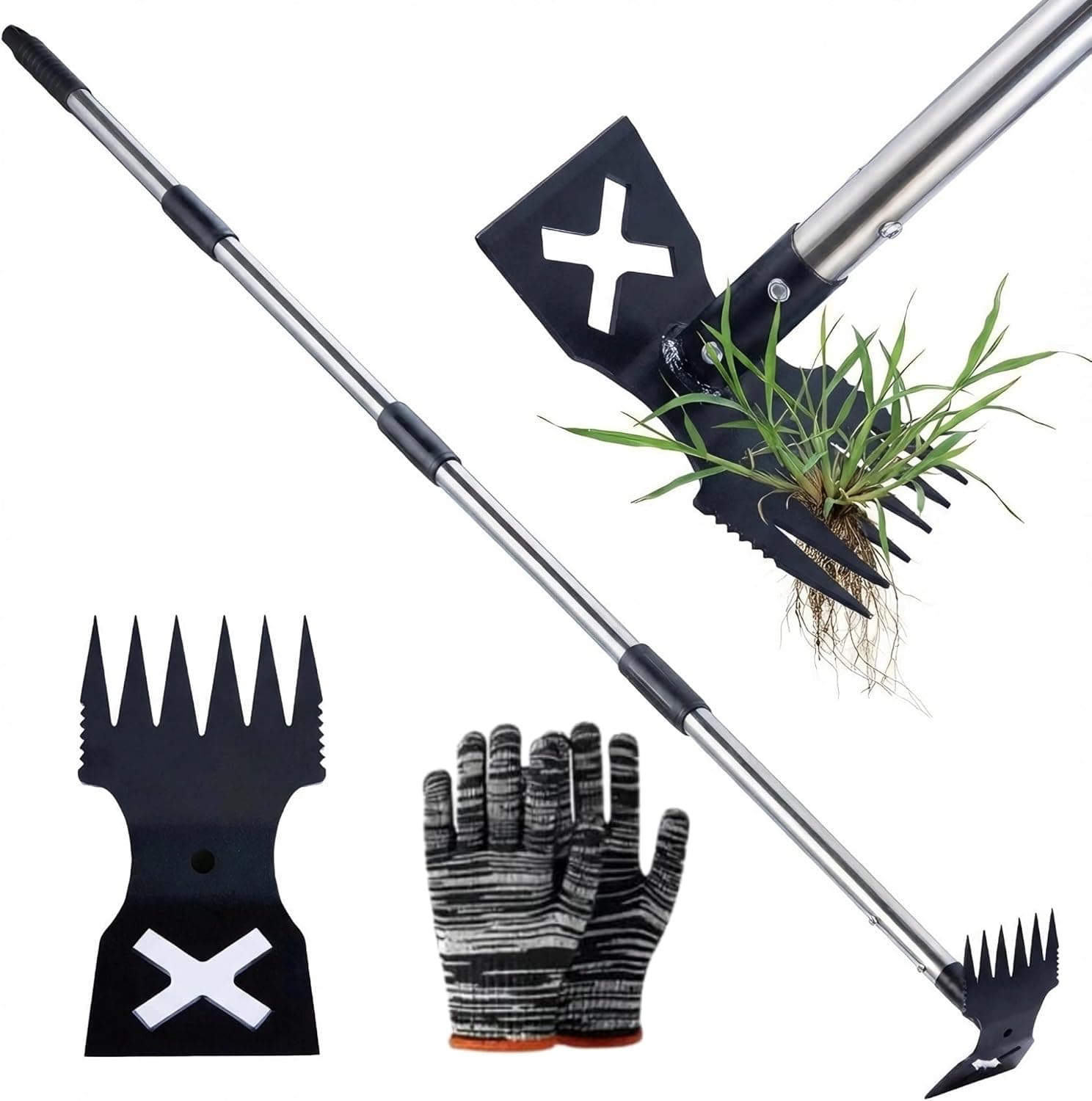 warmtree Weed Puller Tool - 2 in 1 Gardening Tools with 60" Long Handle, Heavy Duty Manual Weeder Remover for Lawn and Garden, Stand Up Weed Puller for Yard, Patio Weeding & Soil Leveling