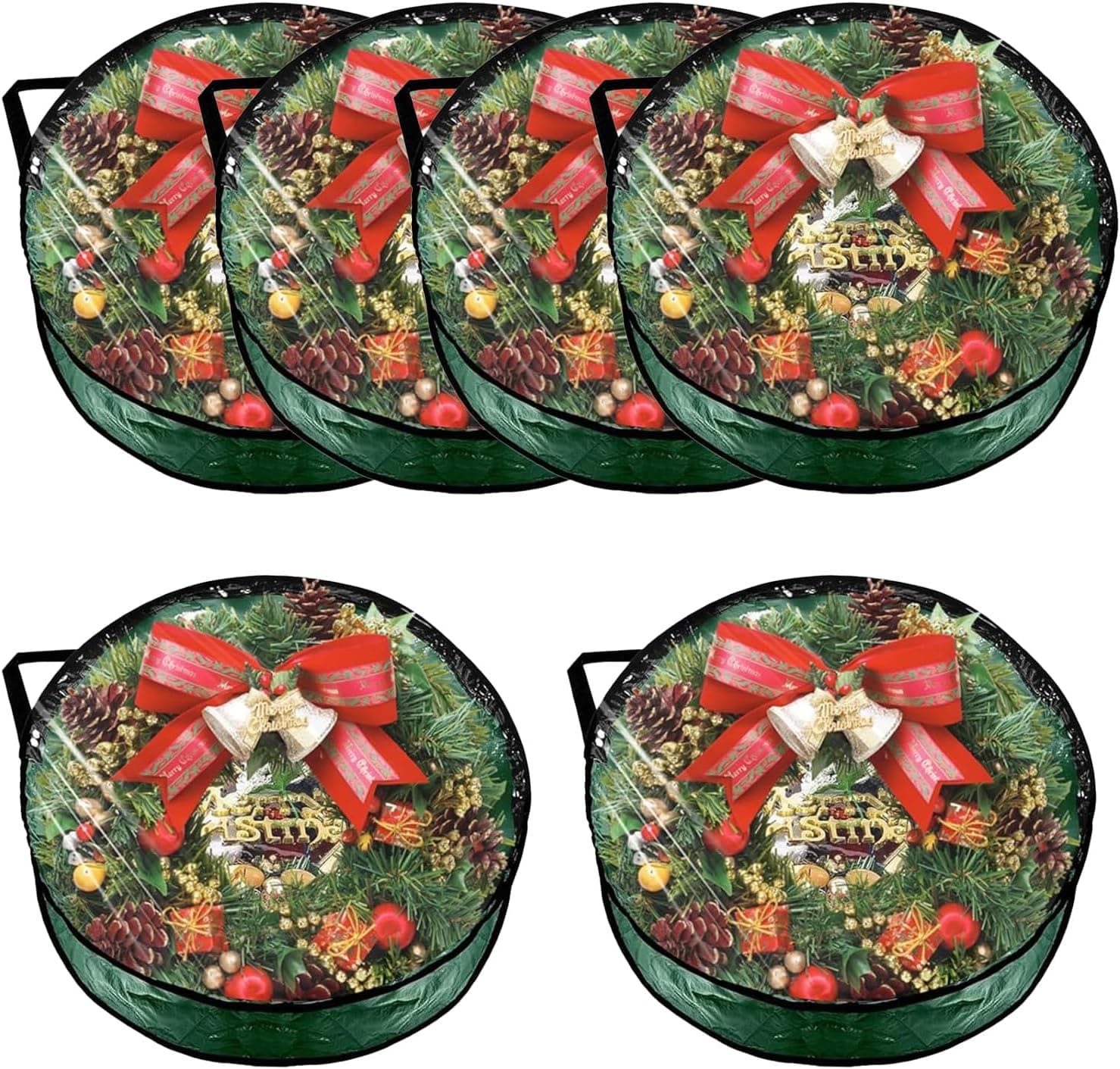 Garvee 6 Pack Christmas Wreath Storage Bags, Waterproof Clear PVC/PE Wreath Storage Containers with Sturdy Handles & Zippers, Holiday Decor Storage Organizer for Xmas and Seasonal Decorations, Green