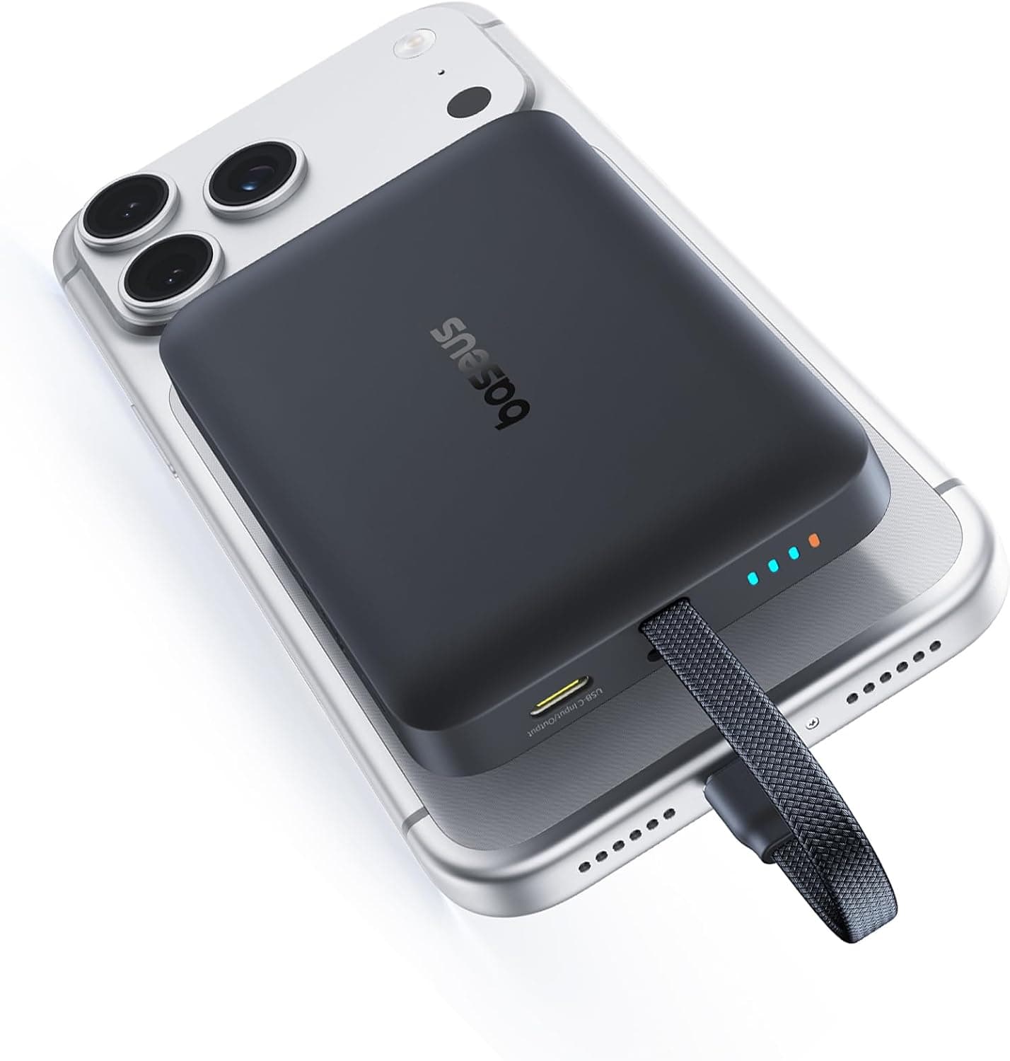 Baseus Magsafe Power Bank, 10,000mAh 30W Magnetic Portable Charger, Fast Charging Wireless Battery Pack with Built-in Braided USB-C Cable for iPhone 17 Pro Max/Air/16/15/14/13, AirPods, iPad and More